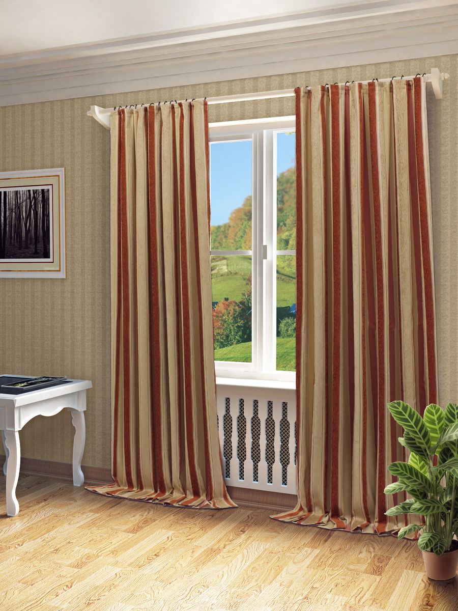 Штора Sanpa Home Collection Саверия, на люверсах, цвет: бежевый, терракотовый, высота 260 смHP30070/4/1E САВЕРИЯ бежево-террако, , 150*260 см Штора Sanpa Home Collection Саверия, на люверсах, цвет: бежевый, терракотовый, высота 260 смHP30070/4/1E САВЕРИЯ бежево-террако, , 150*260 смШтора Саверия в полосатом исполнении изготовлена из высококачественных материалов. Шторы - это немаловажный, но всё же аксессуар в вашем доме, поэтому их стиль нужно подбирать, исходя из дизайна в вашей квартире. Например, тяжелые и выполненные из дорогих тканей шторы прекрасно впишутся в классическую гостиную. А вот для современных стилей могут быть использованы шторы с более простым оформлением. Изделие оснащено металлическими люверсами для подвешивания на карниз-трубу, которые гармонично смотрятся и легко скользят по карнизу. Штора на люверсах идеально подойдет для гостиной или спальни и великолепно украсит любое окно.