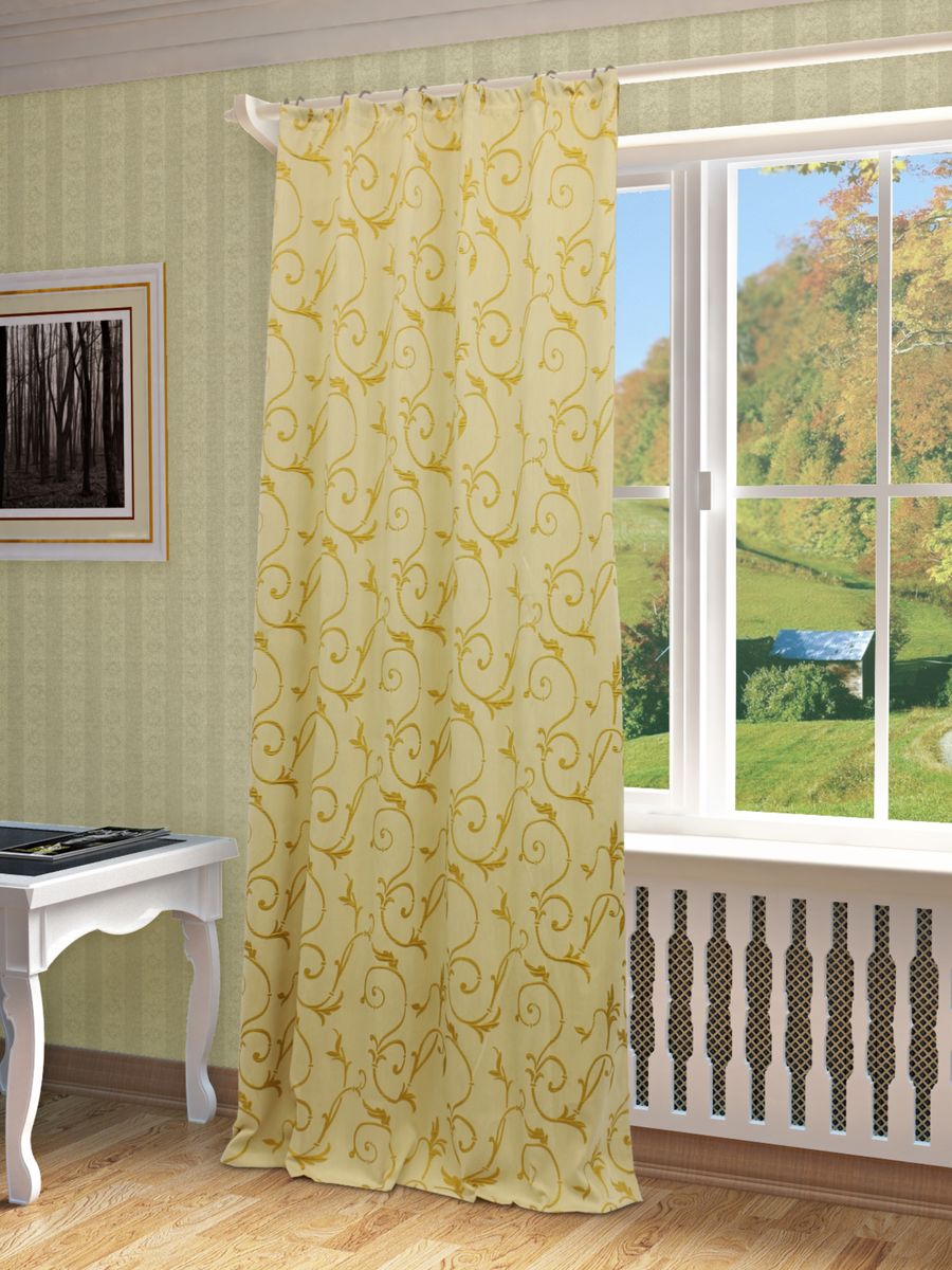 Штора Sanpa Home Collection Ханни, на ленте, цвет: золотистый, высота 260 смHP1363/3/1E Ханни золотистый, , 150*260-1шт+подхват Штора Sanpa Home Collection Ханни, на ленте, цвет: золотистый, высота 260 смHP1363/3/1E Ханни золотистый, , 150*260-1шт+подхватШтора Ханни с оригинальным узором изготовлена из ткани жаккард. Жаккард - одна из дорогостоящих тканей, так как её производство трудозатратно. Своеобразный рельефный рисунок, который получается в результате сложного переплетения на плотной ткани, напоминает гобелен. Крепление к карнизу осуществляется при помощи вшитой шторной ленты.