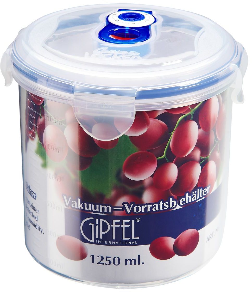 Контейнер вакуумный Gipfel, 1250 мл4550 Контейнер вакуумный Gipfel, 1250 мл4550Посуда Gipfel изготовлена только из качественных, экологически чистых материалов. Также уделяется особое внимание дизайну продукции, способному удовлетворять вкусы даже самых взыскательных покупателей. Сталь 8/10, из которой изготавливается посуда и аксессуары Gipfel, является уникальной. Она отличается высокими эксплуатационными характеристиками и крайне устойчива к физическим воздействиям. Сложно найти более подходящий для создания качественной кухонной посуды материал. Отличительной чертой металлической посуды, выполненной из подобной стали, является характерный сероватый оттенок поверхности и особый блеск. Это позволяет приготовить более здоровую пищу.