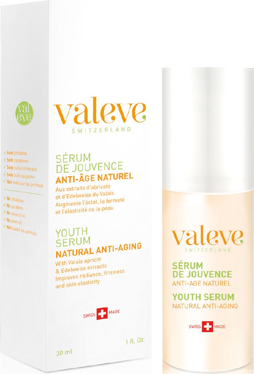 Valeve Омолаживающая сыворотка «Сыворотка Молодости» Youth Serum Natural anti-aging 30 мл9005_0603 Valeve Омолаживающая сыворотка «Сыворотка Молодости» Youth Serum Natural anti-aging 30 мл9005_0603Антивозрастная сыворотка стимулирует функции кожи и способствует обновлению клеток. Содержит комплекс активных ингредиентов, включающий экстракт из абрикосов, выращенных в самом солнечном кантоне Швейцарии – Вале, экстракт эдельвейса, молочные пептиды и провитамин В5. Благодаря тщательно подобранным ингредиентам обладает исключительными свойствами: стимулирует обновление клеток эпидермиса, повышает уровень гидратации, усиливает сияние кожи, стирает мелкие морщины, улучшает плотность и эластичность кожи.