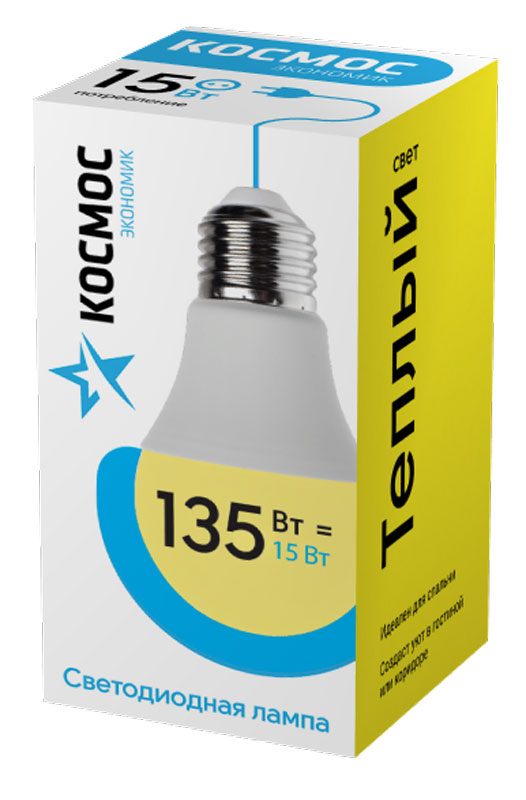 Лампа светодиодная Космос Экономик, 220V, А60, теплый свет, цоколь Е27, 15WLkecLED15wA60E2730 Лампа светодиодная Космос Экономик, 220V, А60, теплый свет, цоколь Е27, 15WLkecLED15wA60E2730Светодиодная лампа КОСМОС Замена стандартных ламп накаливания 135W Модель: А60 (ГРУША) Цоколь: Стандарт (Е27) Потребляемая мощность: 15W Световой поток, лм: 1500 Светодиоды: LED SMD 2835 Чип: Epistar Индекс цветопередачи: Ra>70 Напряжение: 220V Угол, град: 270 Размер лампы (мм): 60 х 110 Срок службы до 25 000 часов Температура использования -40+40С Цветность – 3000K Специальные возможности/особенности: СВЕТОДИОДНАЯ ЛАМПА А60 ( ГРУША ) 15 Вт серии Космос Экономик является аналогом лампы накаливания 135 Вт. В основе лампы используются чипы от мирового лидера Epistar- что обеспечивает надежную и стабильную работу в течение всего срока службы (25 000 часов). До 90% экономии энергии по сравнению с обычной лампой накаливания (сопоставимы по размеру); стабильный световой поток в течение всего срока службы; экологическая безопасность (не содержит ртути и тяжелых металлов); мягкое и равномерное распределение света повышает зрительный комфорт...