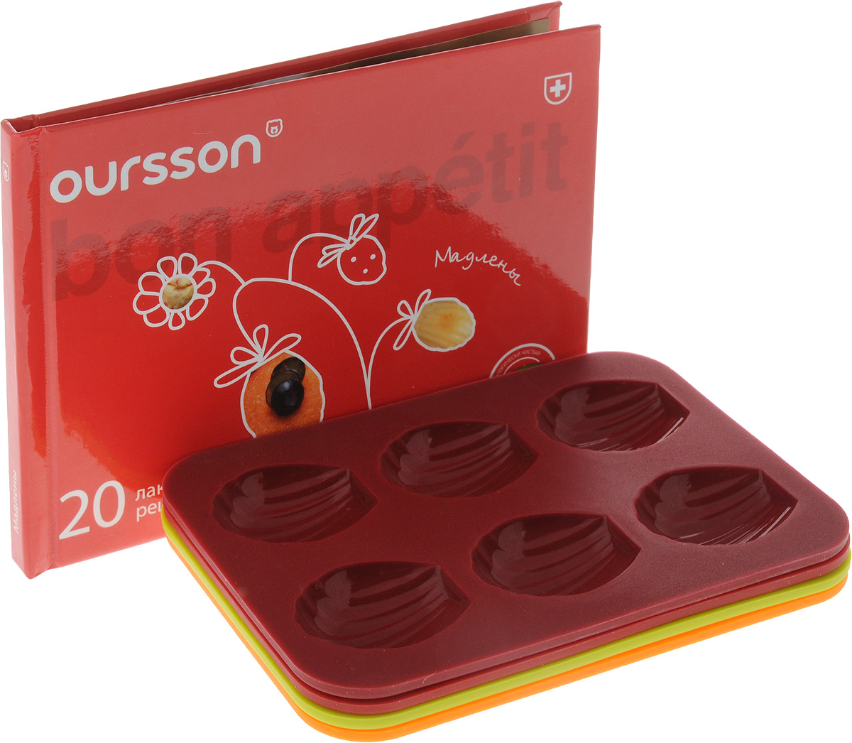 Набор для выпечки Oursson, 5 предметов. BW1352SS/MCBW1352SS/MC Набор для выпечки Oursson, 5 предметов. BW1352SS/MCBW1352SS/MCНабор для выпечки Oursson состоит из 4 силиконовых форм для выпечки. Силиконовые формы для выпечки имеют множество преимуществ по сравнению с традиционными металлическими формами и противнями. Нет необходимости смазывать форму маслом. Она быстро нагревается, равномерно пропекает, не допускает подгорания выпечки с краев или снизу. В комплект входит книга с рецептами. Форма может быть использована в духовках и микроволновых печах (выдерживает температуру от -20°С до +220°С), также ее можно помещать в морозильную камеру и холодильник. Размер формы: 12,5 х 9 х 2,5 см. Размер ячейки: 3,5 х 3 х 2,5 см.