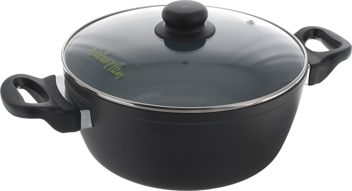 Кастрюля NaturePan Classic с крышкой, с керамическим покрытием, цвет: серый, черный, 3 лCC24 Кастрюля NaturePan Classic с крышкой, с керамическим покрытием, цвет: серый, черный, 3 лCC24Кастрюля NaturePan Classic выполнена из высококачественного алюминия с антипригарным керамическим покрытием, которое абсолютно безопасно для здоровья и не содержит вредных веществ. Новое уникальное покрытие внутренней и наружной поверхностей кастрюли обеспечивает легкое мытье. Кастрюля оснащена удобными пластиковыми ручками с противоскользящим покрытием, которые не нагреваются. Кастрюля имеет усиленное кованое дно, толщиной 3,5 мм, которое равномерно распределяет тепло по всей поверхности, что улучшает качество приготовления пищи. Толщина стенок максимально уменьшена, что избавляет кастрюлю от лишней тяжести и существенно экономит время приготовления. Крышка, изготовленная из термостойкого стекла, оснащена ручкой и отверстием для выпуска пара. Такая крышка позволяет следить за процессом приготовления пищи без потери тепла. Она плотно прилегает к краю посуды, сохраняя аромат блюд. Подходит для всех типов плит, кроме индукционных. Разрешена только ручная мойка. ...