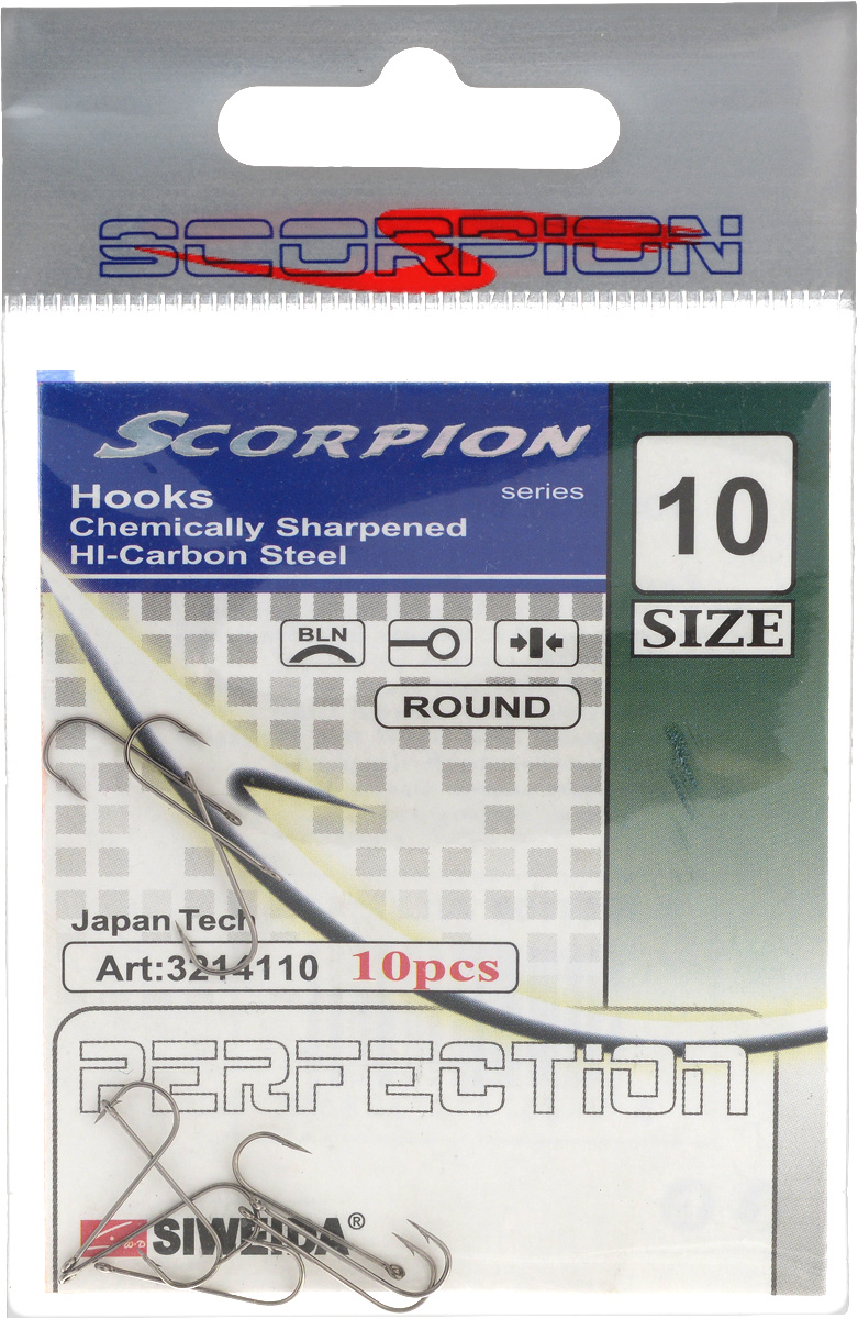 Крючок рыболовный SWD Scorpion, Round, №10, 10 шт13-10-8-037 Крючок рыболовный SWD Scorpion, Round, №10, 10 шт13-10-8-037Бюджетный одинарный крючок SWD Scorpion с колечком выполнен из высококачественной углеродистой легированной проволоки. Применяется новейшая технология термообработки. Стойкое антикоррозийное покрытие обеспечивает крючкам долгий срок эксплуатации. Жала крючков подвержены электрохимической обработке.