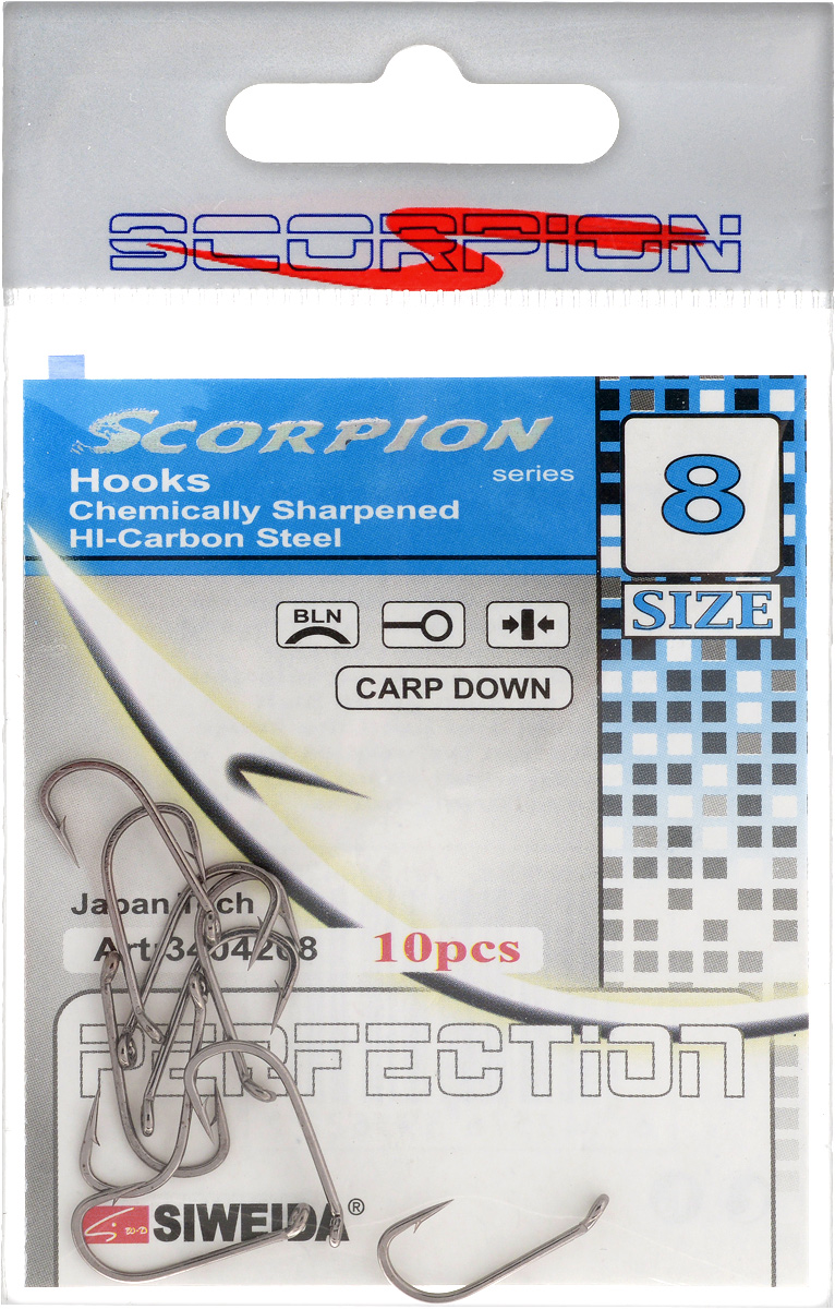 Крючок рыболовный SWD Scorpion, Carp Down, №8, 10 шт0021186 Крючок рыболовный SWD Scorpion, Carp Down, №8, 10 шт0021186Бюджетный одинарный крючок SWD Scorpion с колечком выполнен из высококачественной углеродистой легированной проволоки. Применяется новейшая технология термообработки. Стойкое антикоррозийное покрытие обеспечивает крючкам долгий срок эксплуатации. Жала крючков подвержены электрохимической обработке. Кованный поддев.