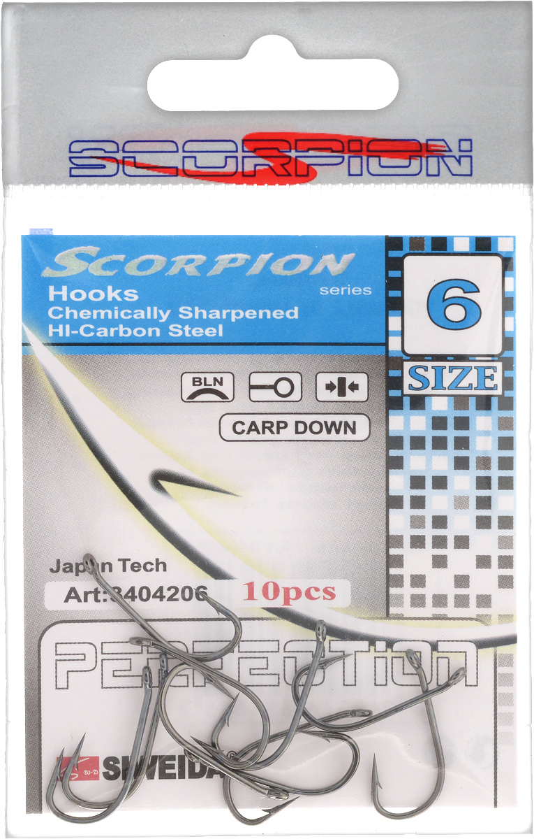 Крючок рыболовный SWD Scorpion, Carp Down, №6, 10 шт0021184 Крючок рыболовный SWD Scorpion, Carp Down, №6, 10 шт0021184Бюджетный одинарный крючок SWD Scorpion с колечком выполнен из высококачественной углеродистой легированной проволоки. Применяется новейшая технология термообработки. Стойкое антикоррозийное покрытие обеспечивает крючкам долгий срок эксплуатации. Жала крючков подвержены электрохимической обработке. Кованный поддев.