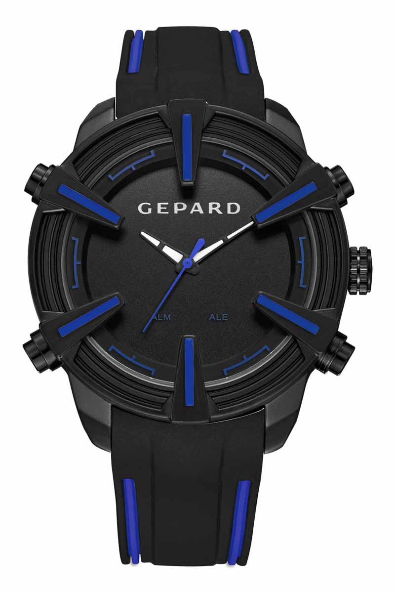 Часы наручные мужские Gepard, цвет: черный, синий. 1236A11L31236A11L3 Часы наручные мужские Gepard, цвет: черный, синий. 1236A11L31236A11L3Наручные кварцевые часы Gepard выполнены из высококачественных материалов. Время этих часов отображается не только посредством стрелок, но и светящимися белыми цифрами электронного механизма, появляющимися на 3 секунды при нажатии на любую из четырех кнопок. Выбор черного покрытия корпуса обусловлен его стойкостью к внешним воздействиям в сочетании с эстетической привлекательностью. Часовая индикация выполнена на венчике корпуса в виде крупных объемных знаков с синим заполнением. Эстетика контрастных полос продолжается в дизайне силиконового ремня, укомплектованного надежной пряжкой. Модель комплектуется двумя типами механизма-аналоговым и электронным, производства Японии.