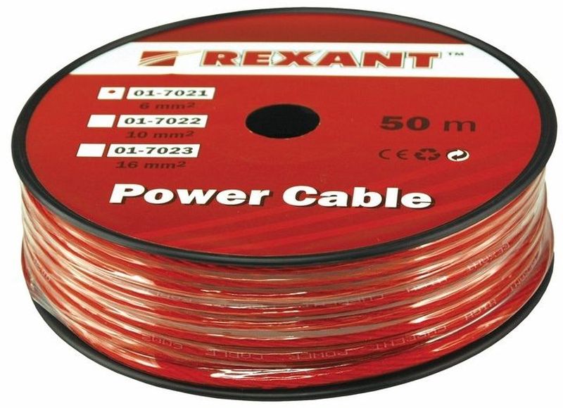 Кабель силовой Rexant Power Cable, цвет: красный, диаметр 6 мм, длина 50 м01-7021 Кабель силовой Rexant Power Cable, цвет: красный, диаметр 6 мм, длина 50 м01-7021Кабель акустический торговой марки Rexant 1х6 мм? используется для подключения звуковых систем и является важным элементом для передачи аудиосигнала. Качественный акустический кабель торговой марки REXANT – залог отличного звука домашней или автомобильной аудиоаппаратуры. Высокое качество изготовления и широкая область применения отличает акустический кабель торговой марки Rexant. Отличное сочетание цены и качества этой продукции порадует любого аудиолюбителя, цель которого – получить чистый звук по выгодной цене. Кабель акустический торговой марки Rexant 1х6 мм? состоит многопроволочного проводника в изоляции из сверхэластичного прозрачного поливинилхлоридного пластиката благодаря которому кабель сохраняется работоспособность при температуре до плюс 128 С ° Сечение проводника составляет 6мм? Напряжение до 48 Вольт