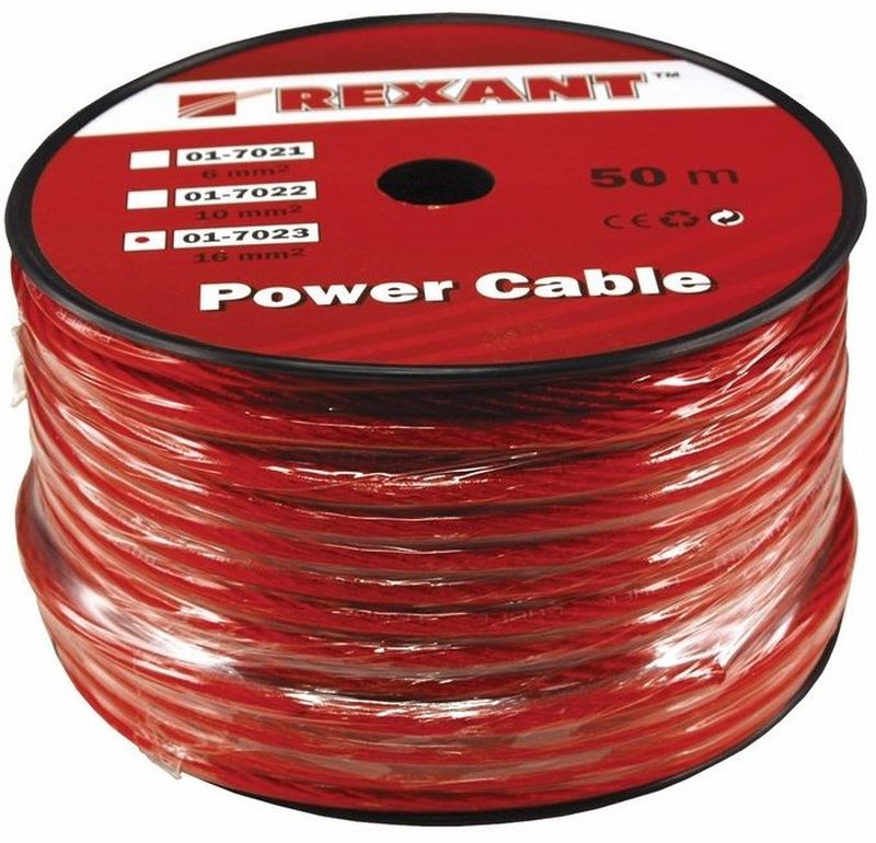 Кабель силовой Rexant Power Cable, цвет: красный, диаметр 8,5 мм, длина 50 м01-7023 Кабель силовой Rexant Power Cable, цвет: красный, диаметр 8,5 мм, длина 50 м01-7023Кабель акустический торговой марки Rexant 1х16 мм? используется для подключения звуковых систем и является важным элементом для передачи аудиосигнала. Качественный акустический кабель торговой марки REXANT – залог отличного звука домашней или автомобильной аудиоаппаратуры. Высокое качество изготовления и широкая область применения отличает акустический кабель торговой марки Rexant. Отличное сочетание цены и качества этой продукции порадует любого аудиолюбителя, цель которого – получить чистый звук по выгодной цене. Кабель акустический торговой марки Rexant 1х16 мм? состоит многопроволочного проводника в изоляции из сверхэластичного прозрачного поливинилхлоридного пластиката благодаря которому кабель сохраняется работоспособность при температуре до плюс 128 С ° Сечение проводника составляет 6мм? Напряжение до 48 Вольт