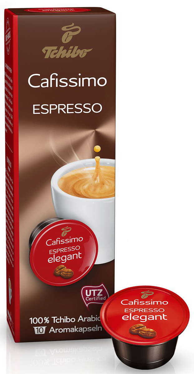 Cafissimo Espresso Elegant кофе в капсулах, 10 шт464518 Cafissimo Espresso Elegant кофе в капсулах, 10 шт464518Cafissimo познакомит вас с изысканным кофе, собранным на превосходных кофейных плантациях. Каждая кофейная капсула Tchibo содержит гармоничную композицию из лучших зерен Arabica, которые медленно вызревали на солнечных полях. Тщательно отобранные для вас профессионалами и прошедшие индивидуальную обжарку зерна Tchibo при варке идеально раскрывают полный аромат и мягкий вкус этого безупречно выразительного Espresso elegant. Уважаемые клиенты! Обращаем ваше внимание на то, что упаковка может иметь несколько видов дизайна. Поставка осуществляется в зависимости от наличия на складе.