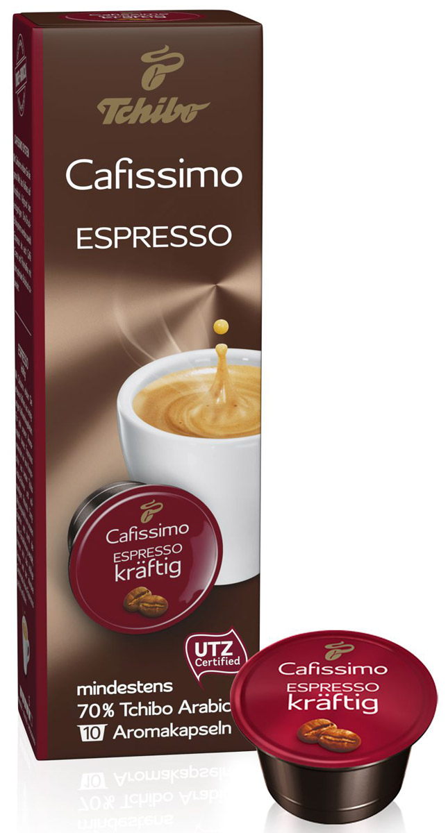 Cafissimo Espresso Kraftig кофе в капсулах, 10 шт464522 Cafissimo Espresso Kraftig кофе в капсулах, 10 шт464522Cafissimo познакомит вас с изысканным кофе, собранным на превосходных кофейных плантациях. Каждая кофейная капсула Tchibo содержит гармоничную композицию из лучших зерен Arabica и насыщенных зерен Robusta, которые медленно вызревали на солнечных полях. Тщательно отобранные для вас профессионалами и прошедшие индивидуальную обжарку зерна Tchibo при варке идеально раскрывают терпкий аромат, насыщенный вкус Espresso kraftig. Уважаемые клиенты! Обращаем ваше внимание на то, что упаковка может иметь несколько видов дизайна. Поставка осуществляется в зависимости от наличия на складе.