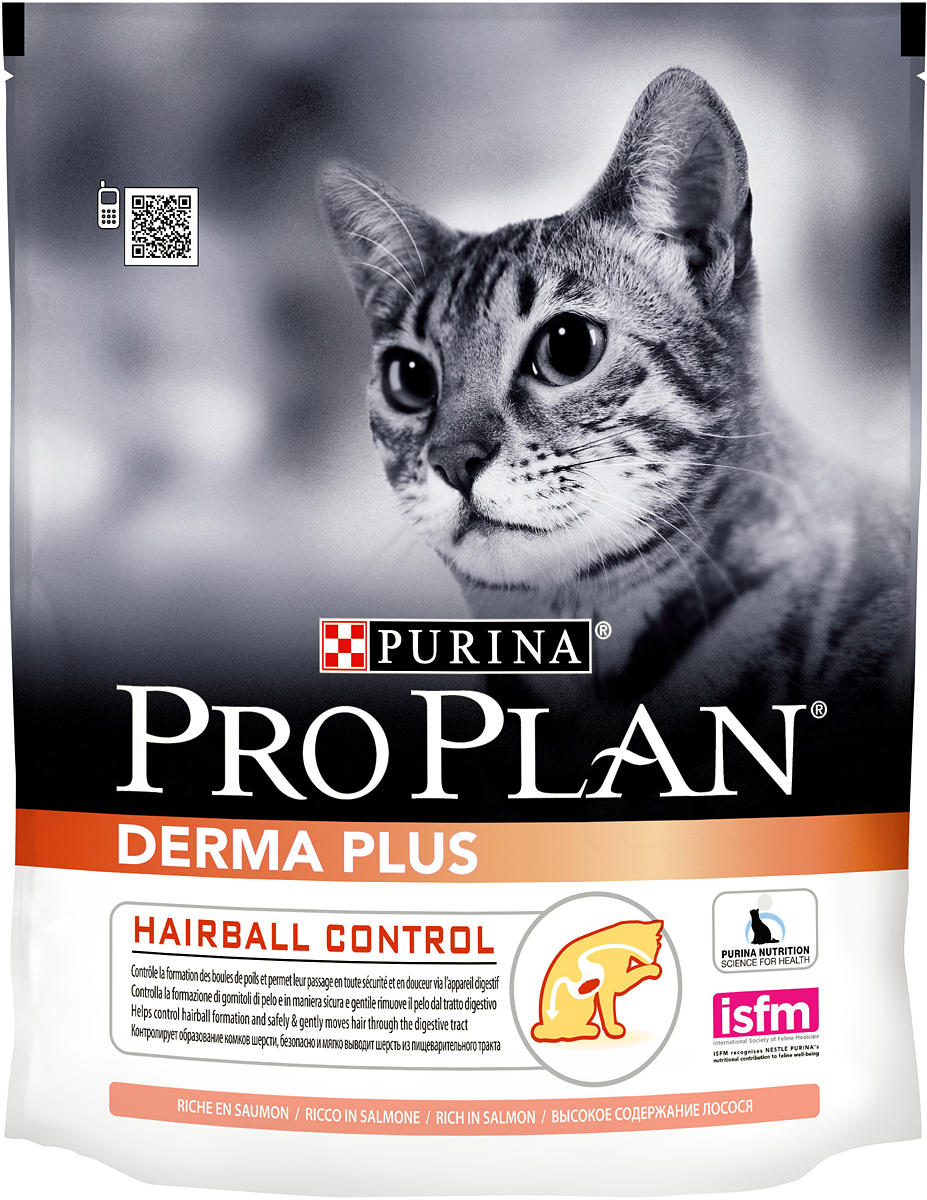 Корм сухой Pro Plan Derma Plus для кошек с проблемами кожи и шерсти, с лососем, 400 г12172082 Корм сухой Pro Plan Derma Plus для кошек с проблемами кожи и шерсти, с лососем, 400 г12172082Сухой корм Pro Plan Derma Plus - это полноценный рацион для взрослых кошек с проблемами кожи и шерсти. Он содержит особую разработанную с участием ученых комбинацию ингредиентов для поддержания здоровья вашего питомца в течение продолжительного времени. Особенности сухого корма: формула для чувствительной кожи, высокие вкусовые свойства, делает шерсть шелковистой и блестящей, помогает снижать чрезмерное выпадение шерсти. Состав: лосось (16%), кукурузный глютен, пшеница, концентрат горохового белка, кукуруза, животный жир, пшеничный глютен, сухой белок лосося, сухая мякоть свеклы, яичный порошок, минеральные вещества, сухой корень цикория, вкусоароматическая кормовая добавка, дрожжи. Анализ: белок: 36%, жир: 16%, сырая зола: 6,5%, сырая клетчатка: 6%. Добавки на кг: витамин А: 32 600; витамин D3: 1060; витамин Е: 720 мг/кг; железо: 60; йод: 1,9; медь: 11; марганец: 15; цинк: 150; селен: 0,12 мг/кг. Товар...