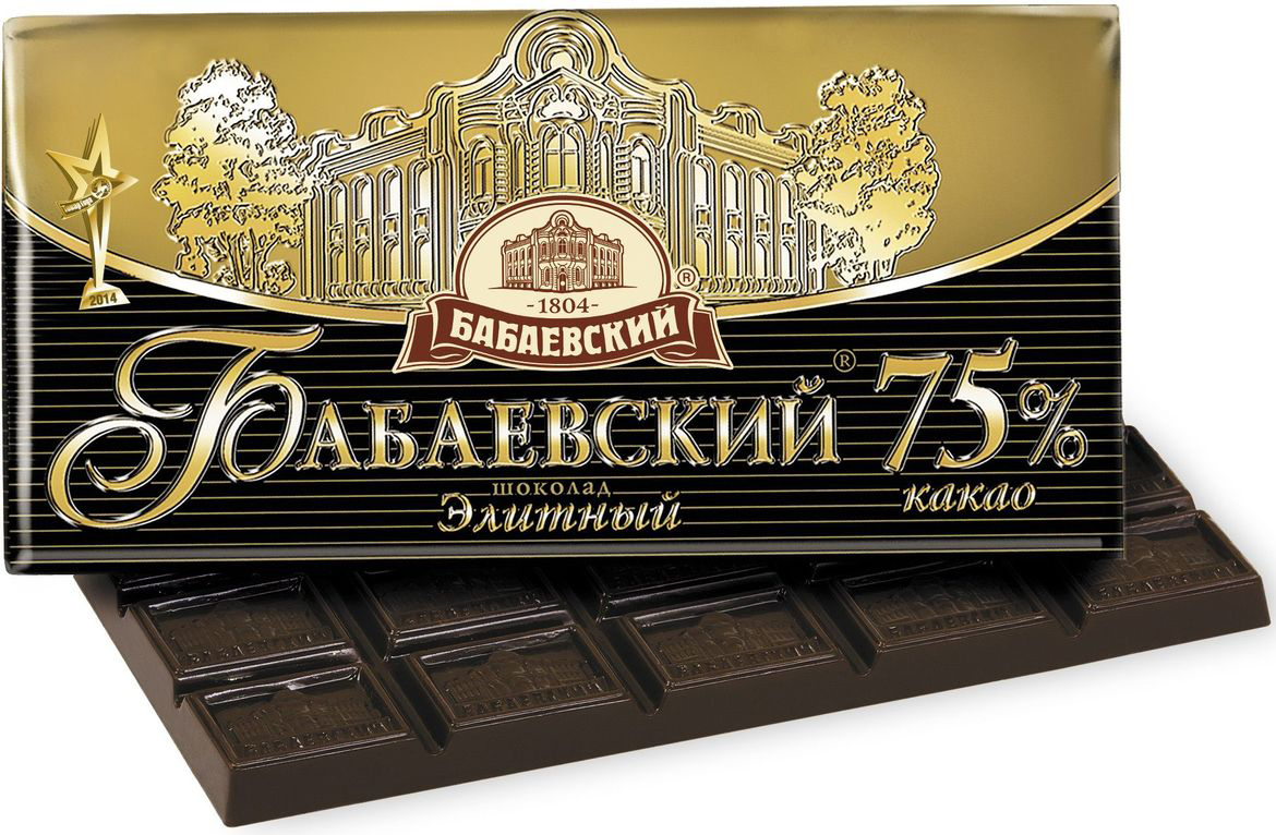 Бабаевский элитный 75% какао темный шоколад, 100 гББ08322 Бабаевский элитный 75% какао темный шоколад, 100 гББ08322Гордость бренда Бабаевский - высококачественный темный шоколад, созданный с использованием отборных какао бобов и какао масла.