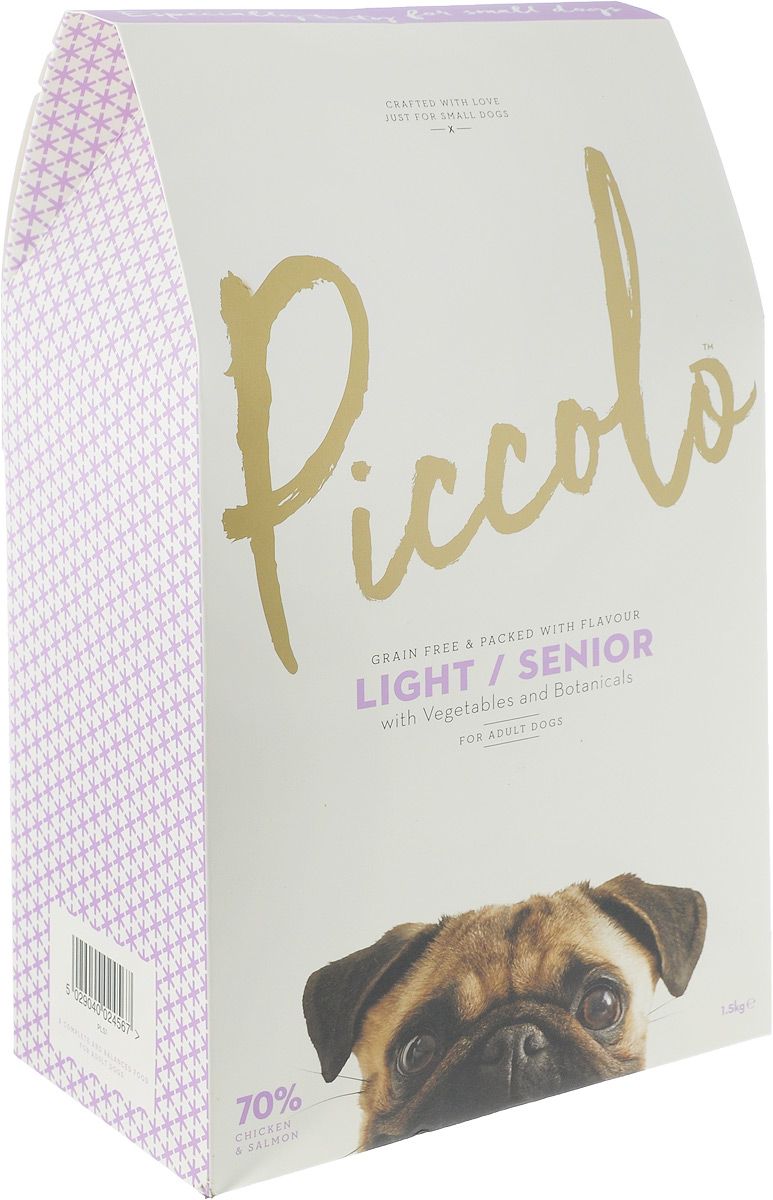 Корм сухой Piccolo GF Senior. Light, для пожилых собак мелких пород и с избыточным весом с цыпленком и лососем, 1,5 кг100.308 Корм сухой Piccolo GF Senior. Light, для пожилых собак мелких пород и с избыточным весом с цыпленком и лососем, 1,5 кг100.308Сухой полнорационный корм Piccolo GF Senior. Light для питания пожилых собак мелких и карликовых пород и собак мелких пород с избыточным весом. Корм для пожилых собак и собак с лишним весом имеет низкое содержание жиров и пониженную калорийность. В корм добавлен глюкозамин, метилсульфонилметан (MСM) и хондроитин, для того чтобы помочь пожилым и собакам с избыточной массой тела, которые могут страдать от проблем с суставами. Состав: свежее бескостное мясо цыпленка (31%), свежее бескостное мясо Шотландского лосося (20%), мука из мяса цыпленка (13%), батат, картофель, горох, мука из мяса Шотландского лосося (6%), дегидратированное яйцо (2.5%), куриный бульон (2%), люцерна, минералы, витамины, глюкозамин (1 780мг/кг), метилсульфонилметан (MСM) (1 780 мг/кг), хондроитинсульфат (1 250мг/кг), яблоко, морковь, семена подорожника, водоросли, фруктоолигосахариды, шпинат, клюква, ромашка, мята, календула, семена аниса и пажитника. Анализ состава: сырой протеин 34%, жиры...