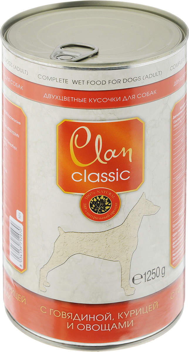 Консервы для собак Clan Classic, кусочки в соусе с говядиной, курицей и овощами, 1,25 кг130.4.002 Консервы для собак Clan Classic, кусочки в соусе с говядиной, курицей и овощами, 1,25 кг130.4.002Полнорационный влажный корм Clan Classic для каждодневного питания взрослых собак. Корм в виде двухцветных кусочков для самых привередливых собак. Консервы изготовлены из высококачественного сырья. Для производства корма используется щадящая технология, бережно сохраняющая максимум питательных веществ и витаминов, отборное сырье и специально разработанная рецептура, которая обеспечивает изысканный деликатесный вкус и ярко выраженный аромат. Состав: мясо и мясные субпродукты (говядина 4%, курица 4%, овощи 4%); злаки; яйца и яичные субпродукты; минералы, сахара. Анализ состава: протеин 5,5%; клетчатка 0,5%; масла и жиры 3,5%; зола 3%; влажность 82%. Добавки на 1 кг: витамин А - 1 310 МЕ; витамин Д3 - 160 МЕ; витамин Е - 10 мг; сульфата меди пентагидрат 7,6 мг (медь 1,9 мг). Энергетическая ценность: в 100 г. продукта - 68 кКал. Товар сертифицирован.