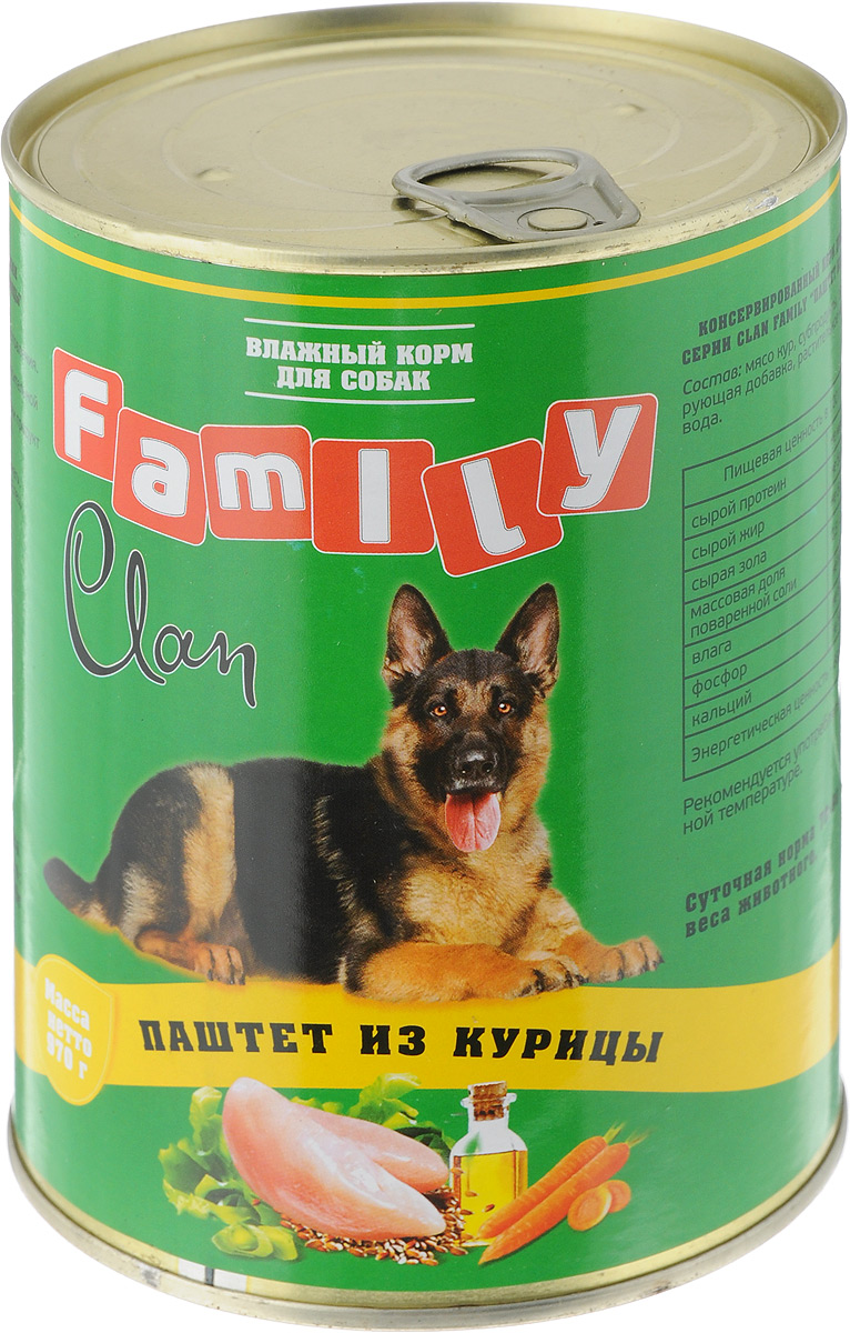 Консервы для собак Clan Family, паштет из курицы, 970 г130.1.621 Консервы для собак Clan Family, паштет из курицы, 970 г130.1.621Полнорационный влажный корм Clan Family для каждодневного питания взрослых собак. Консервы изготовлены из высококачественного мясного сырья. У корма насыщенный вкус и сбалансированный состав. Состав: мясо кур, субпродукты, злаки, желирующая добавка, растительное масло, соль, вода. Анализ: сырой протеин 7%, сырой жир 4,5%, сырая зола 2%, поваренная соль 0,5-0,7 г, фосфор 0,5 г, кальций 0,6 г. Энергетическая ценность в 100 г продукта: 68,5 кКал. Товар сертифицирован.