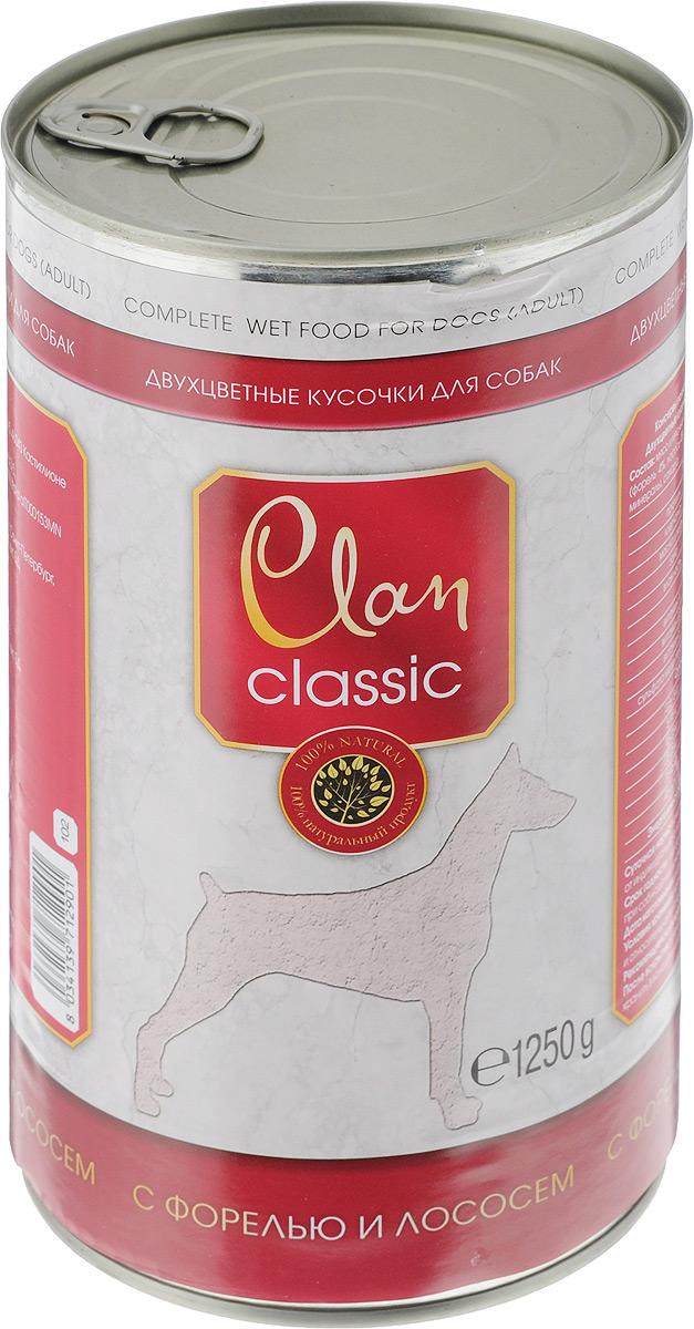 Консервы для собак Clan Classic, кусочки в соусе с форелью и лососем, 1,25 кг130.4.003 Консервы для собак Clan Classic, кусочки в соусе с форелью и лососем, 1,25 кг130.4.003Состав: мясо и мясные субпродукты, рыба и рыбные субпродукты (форель 4%, лосось 4%); злаки; яйца и яичные субпродукты; минералы, сахара. Анализ состава: протеин 5,5%; клетчатка 0,5%; масла и жиры 3,5%; зола 3%; влажность 82%. Добавки на 1 кг: витамин А – 1 310 МЕ; витамин Д3 – 160 МЕ; витамин Е – 10 мг; сульфата меди пентагидрат 7,6 мг (медь 1,9 мг). Суточная норма кормления: Вес 0,5 - 5 кг 5-15кг 15-25кг 25-35кг 35-45кг 45-60кг 100-400гр 400-1200гр 1200-1600гр 1600-2000гр 2000-2400гр 2400-2800гр Энергетическая ценность: в 100 г. продукта - 68 кКал Масса нетто: 1 250г Срок годности: не более 36 месяцев со дня изготовления при соблюдении условий хранения. Дата изготовления: указана на банке. Условия хранения: хранить при температуре от +0 до +25С и относительной влажности воздуха не более 75%. Рекомендуется употреблять при комнатной температуре. После вскрытия потребительской упаковки открытый продукт хранить в холодильнике не более 2 суток.