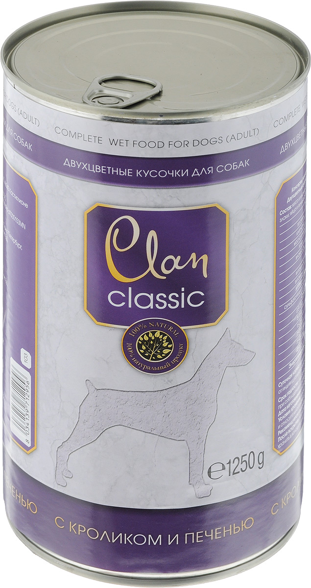 Консервы для собак Clan Classic, кусочки в соусе с кроликом и печенью, 1,25 кг130.4.004 Консервы для собак Clan Classic, кусочки в соусе с кроликом и печенью, 1,25 кг130.4.004Полнорационный влажный корм Clan Classic для каждодневного питания взрослых собак. Корм в виде двухцветных кусочков. Консервы изготовлены из высококачественного мясного сырья. Для производства корма используется щадящая технология, бережно сохраняющая максимум питательных веществ и витаминов, отборное сырье и специально разработанная рецептура, которая обеспечивает изысканный деликатесный вкус и ярко выраженный аромат. Состав: мясо и мясные субпродукты (кролик 4%, печень 4%); злаки; яйца и яичные субпродукты; минералы, сахара. Анализ состава: протеин 5,5%; клетчатка 0,5%; масла и жиры 3,5%; зола 3%; влажность 82%. Добавки на 1 кг: витамин А - 1 310 МЕ; витамин Д3 - 160 МЕ; витамин Е - 10 мг; сульфата меди пентагидрат 7,6 мг (медь 1,9 мг). Энергетическая ценность: в 100 г. продукта - 68 кКал. Товар сертифицирован.