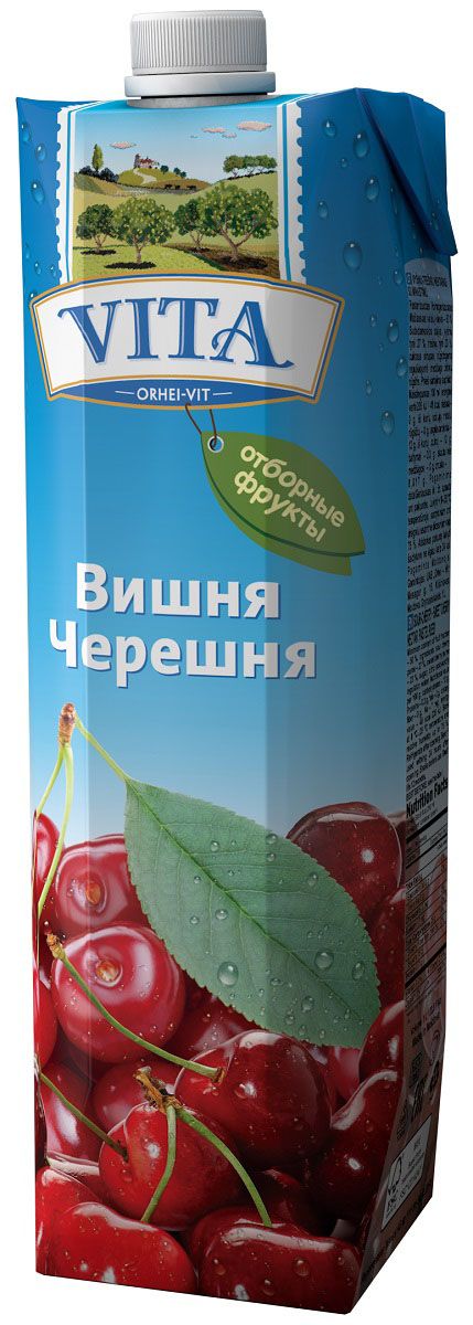 Vita нектар вишнево-черешневый с мякотью, 1 лВГС_30 Vita нектар вишнево-черешневый с мякотью, 1 лВГС_30Вишнево-черешневый нектар Vita прекрасно подходит для коктейлей. Черешня - это та ягода продукте, в котором собрана почти вся таблица Менделеева. С этой вкусной ягодой в организм попадает большая группа витаминов и микроэлементов. Вишня способствует уменьшению риска сердечно-сосудистых заболеваний. Кроме понижения уровня холестерина в крови и снятия воспаления, вишня позволяет сокращать жиры в теле и избавляться от лишнего веса. Без ароматизаторов, красителей и консервантов. Перед употреблением взбалтывать.