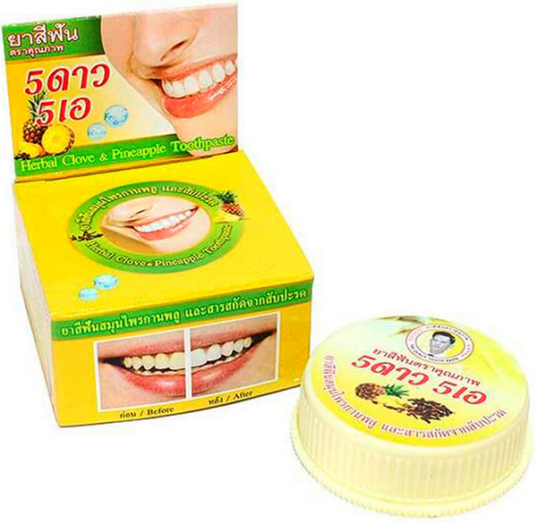 5 Star Cosmetic травяная отбеливающая зубная паста с экстрактом Ананаса5739335 5 Star Cosmetic травяная отбеливающая зубная паста с экстрактом Ананаса5739335В ананасе содержится большое количество витамина С, который способен укрепить зубы и десны. Также экстракт ананаса препятствует образованию зубного камня, снижает кровоточивость десен и риск заболевания пародонтозом и гингивитом. Зубная паста освежает дыхание и устраняет зубной налет, отбеливает, предотвращает появление кариеса. Подходит для чувствительных зубов. Очень экономична. Не содержит консервантов, фтор и его производных.