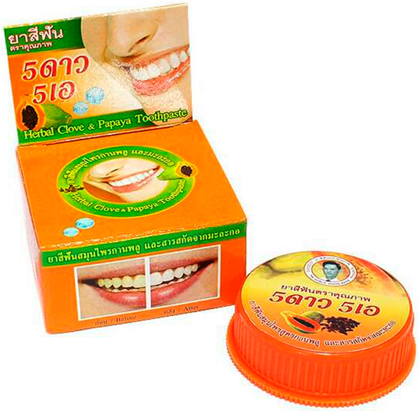 5 Star Cosmetic травяная отбеливающая зубная паста с экстрактом Папайи5741275 5 Star Cosmetic травяная отбеливающая зубная паста с экстрактом Папайи5741275В плодах папайи содержится папаин, который оказывает осветляющее действие на зубы, расщепляя белковую основу налета, поэтому его добавляют в зубные пасты. Благодаря мягкому очищению зубного налета, не оказывает абразивного воздействия и может входить в состав детских зубных паст. Зубная паста освежает полость рта, подходит для чувствительных зубов. Очень экономична. Не содержит консервантов, фтор и его производных.