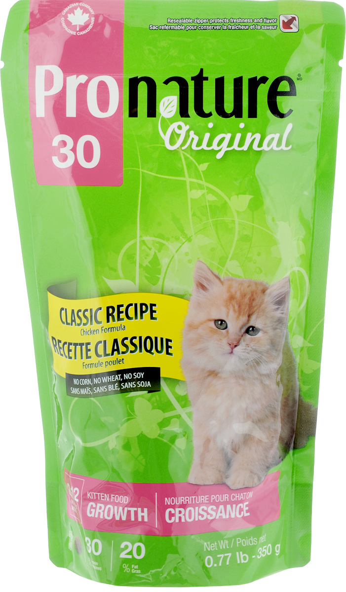 Корм сухой Pronature Original 30 для котят, с цыпленком, 350 г102.440 Корм сухой Pronature Original 30 для котят, с цыпленком, 350 г102.440Подвижный и энергичный котенок нуждается в полноценном и сбалансированном питании для обеспечения гармоничного роста и развития. Сочная формула Pronature Original 30 с хрустящими кусочками курицы и риса имеет прекрасный вкус и удовлетворяет необходимым питательным потребностям малышей. Подходит для котят от 2 до 12 месяцев. Не содержит кукурузы, пшеницы и сои. Товар сертифицирован.