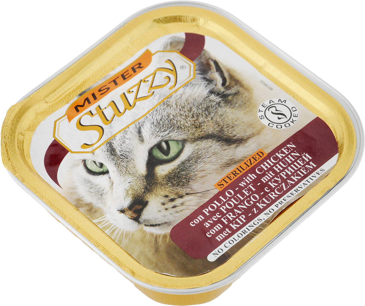 Консервы Stuzzy Mister, для стерилизованных кошек, с курицей, 100 г131.C211 Консервы Stuzzy Mister, для стерилизованных кошек, с курицей, 100 г131.C211Stuzzy Mister - полноценное и сбалансированное питание для взрослых стерилизованных кошек. Корм обогащен таурином и витамином Е для поддержания правильной работы сердца и иммунной системы. Инулин обеспечивает всасывание питательных веществ, а биотин способствуют великолепному внешнему виду кожи и шерсти. Корм приготовлен на пару, не содержит красителей и консервантов. Товар сертифицирован.