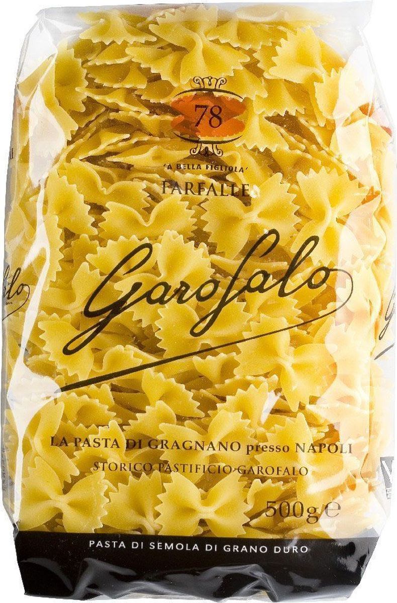 Garofalo Фарфалле бантики № 78, 500 г259506 Garofalo Фарфалле бантики № 78, 500 г259506Паста в форме бабочек из твердых сортов пшеницы. В России эти макаронные изделия продаются под названием бантики. Фарфалле – за ее оригинальную форму - особенно любят дети.