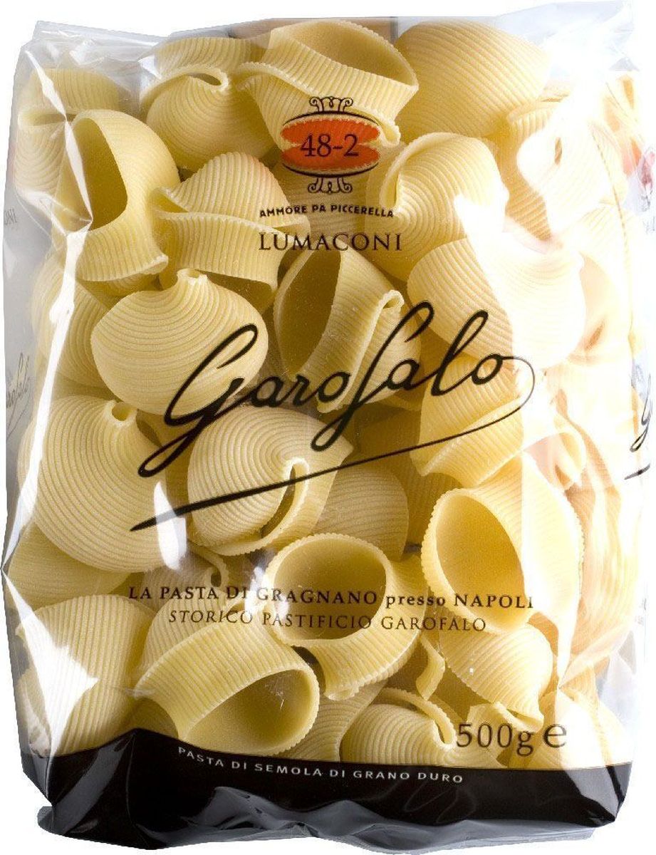 Garofalo Лумакони большие рифленые улитки № 482, 500 г259513 Garofalo Лумакони большие рифленые улитки № 482, 500 г259513Большие рифленые улитки. Идеальны для фаршировки, например, сыром риккота с зеленью или мясным фаршем.