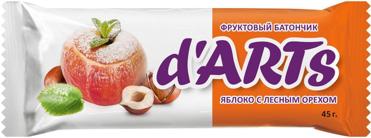 D’arts Яблоко с лесным орехом батончик фруктовый, 45 г132208 D’arts Яблоко с лесным орехом батончик фруктовый, 45 г132208В батончике гармонично переплетаются вкус печеных яблок, знакомый многим с детства, приятная терпкость лесных орехов и южная сладость изюма. Батончик способен быстро утолить голод и дать удовольствие от фруктово-орехового вкуса.