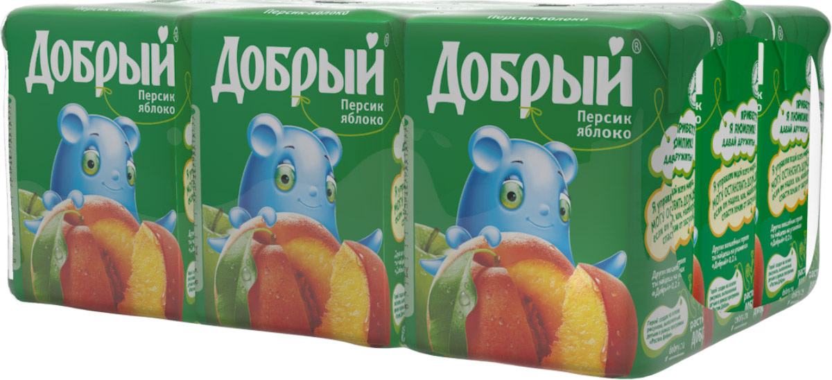 Добрый нектар Персик Яблоко, 9 шт по 0,2 л1549201 Добрый нектар Персик Яблоко, 9 шт по 0,2 л1549201Этот нежный вкус соединил в себе сочную мякоть персика и кислинку яблока. Одновременно сладкий и свежий, он никого не оставляет равнодушным. Качественные и вкусные 100% соки, нектары и морсы Добрый, сделанные с добротой и щедростью, выпускаются в России с 1988 года. Добрый - самый любимый и популярный соковый бренд в России. Это натуральный и вкусный продукт, который никогда не жертвует качеством, с широким ассортиментом вкусов и упаковок, который позволяет каждому выбирать то, что нужно именно ему. Для питания детей с 2-х лет. Бренд Добрый заботится не только о вкусе и качестве своих соков и нектаров, но и об обществе, помогая растить добро и делая мир вокруг немного лучше. Программа Растим добро по адаптации детей, оставшихся без попечения родителей, - одна из социальных инициатив, на которую идет часть средств от продажи каждой упаковки Добрый. В 2016 году программа Растим Добро действует в 31 детском доме в 7 регионах...