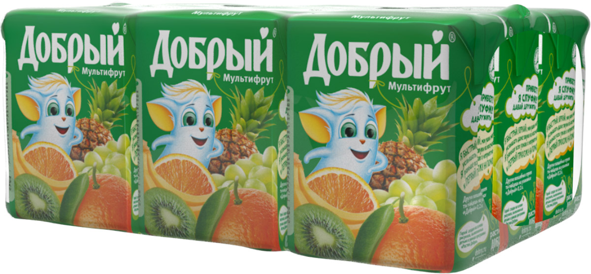 Добрый нектар Мультифрут, 9 шт по 0,2 л1549301 Добрый нектар Мультифрут, 9 шт по 0,2 л1549301Мультифрут – яркий многогранный вкус, сочетающий в себе разные фрукты. В том числе спелые апельсины, нежные бананы и сочные ананасы! Вместе эти фрукты создают неповторимое ощущение тропического лета в каждом глотке! Качественные и вкусные 100% соки, нектары и морсы Добрый, сделанные с добротой и щедростью, выпускаются в России с 1988 года. Добрый - самый любимый и популярный соковый бренд в России. Это натуральный и вкусный продукт, который никогда не жертвует качеством, с широким ассортиментом вкусов и упаковок, который позволяет каждому выбирать то, что нужно именно ему. Для питания детей с 3-х лет. Бренд Добрый заботится не только о вкусе и качестве своих соков и нектаров, но и об обществе, помогая растить добро и делая мир вокруг немного лучше. Программа Растим добро по адаптации детей, оставшихся без попечения родителей, - одна из социальных инициатив, на которую идет часть средств от продажи каждой упаковки Добрый. В...