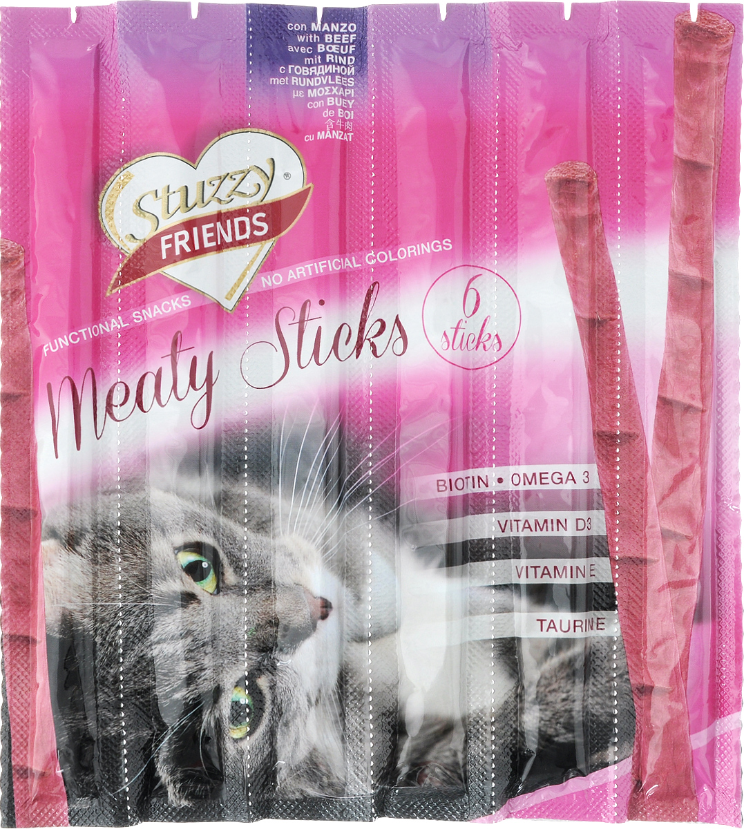 Лакомство для кошек Stuzzy Friends, палочки с говядиной, 30 г, 6 шт132.C3600 Лакомство для кошек Stuzzy Friends, палочки с говядиной, 30 г, 6 шт132.C3600Мясные палочки Stuzzy Friends - это вкусное и полезное лакомство для взрослых кошек. Лакомство обогащено таурином и витамином Е для поддержания правильной работы сердца и иммунной системы. Инулин обеспечивает всасывание питательных веществ, а биотин способствуют великолепному внешнему виду кожи и шерсти. Угощения - это лучшее поощрение и проявление любви к питомцу. Вкусные палочки с говядиной понравятся вашим питомцам. Не содержат искусственных красителей. Товар сертифицирован.