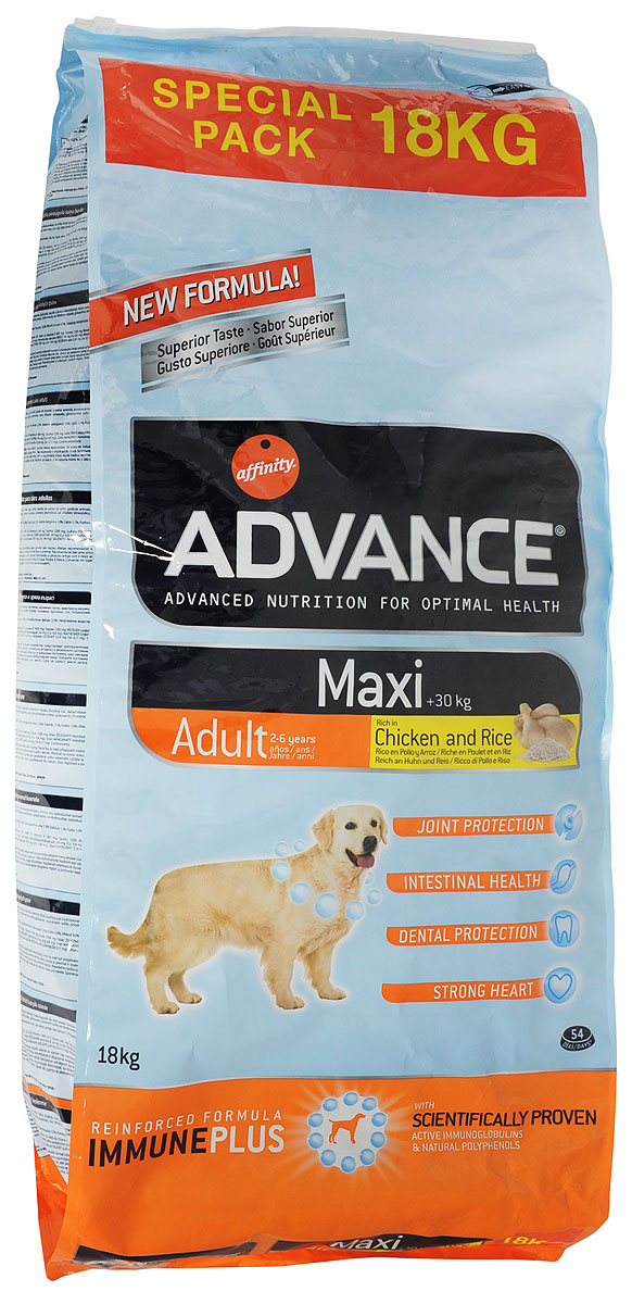 Корму сухой Advance Maxi Adult для взрослых собак крупных пород, с курицей и рисом, 18 кг13068 Корму сухой Advance Maxi Adult для взрослых собак крупных пород, с курицей и рисом, 18 кг13068Advance Maxi Adult – высококачественный корм супер-премиум класса. Разработан с учетом всех особенностей развития и жизнедеятельности собак. Advance Maxi Adult является уникальной комбинацией активных иммуноглобулинов и и натуральных полифенолов. Иммуноглобулины. Натуральные белки, которые позволяют поддерживать здоровье желудка и кишечника. Природные полифенолы. Вместе с витаминами они позволяют сдерживать старение клеток. Хондроитин сульфат и глюкозамин. Их совместное действие способствует поддержанию хрящей суставов в хорошем состоянии и тем самым предупреждает проблемы с суставами. Курица и рис, основные ингредиенты. Превосходные источники высокоусваиваемых белков и углеводов для сбалансированного питания. Пирофосфаты. Специальные минералы, которые помогают предотвращать отложение камней и поддерживают хорошее дыхание. Таурин. Аминокислота, способствующая поддержанию правильной функции сердца. Не содержит искусственных красителей или...