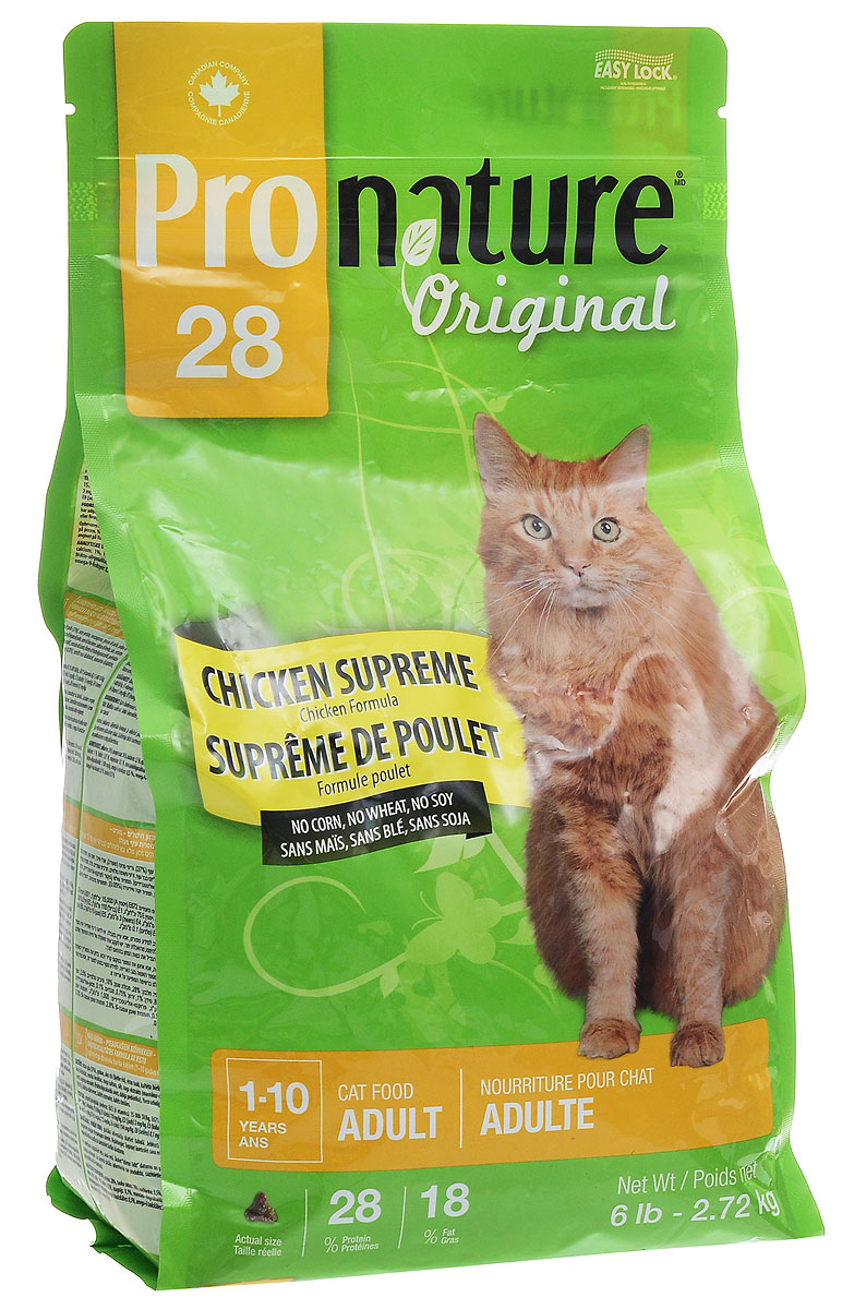 Корм сухой Pronature Original 28, для кошек, с курицей, 2,72 кг102.410 Корм сухой Pronature Original 28, для кошек, с курицей, 2,72 кг102.410Корм сухой Pronature Original 28 - это сбалансированный полнорационный корм для кошек. Корм приготовлен по особенному рецепту из куриного мяса, который не только обладает ярким и неповторимым вкусом, но обеспечивает вашего любимца всеми необходимыми полезными веществами, способствующими укреплению организма, повышению тонуса мышц и хорошему самочувствию. Не содержит сои, пшеницы и кукурузы. Подходит для взрослых кошек от 1 года до 10 лет. Товар сертифицирован.