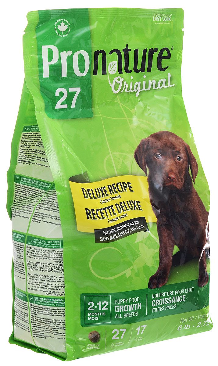 Корм сухой Pronature Original 27, для щенков, с курицей, 2,72 кг102.555 Корм сухой Pronature Original 27, для щенков, с курицей, 2,72 кг102.555Сухой корм Pronature Original 27 - это особое питание на каждый день для щенков с чувствительным пищеварением и склонных к аллергии. Корм содержит целый комплекс полезных веществ необходимых для оптимального роста, укрепления иммунитета и костей, а также помогающих сохранить здоровую кожу и шерсть. Основными ингредиентами являются просушенное куриное мясо и шпинат, что делает корм максимально усвояемым и питательным. Не содержит сои, пшеницы и кукурузы. Походит для собак от 2 до 12 месяцев. Товар сертифицирован.