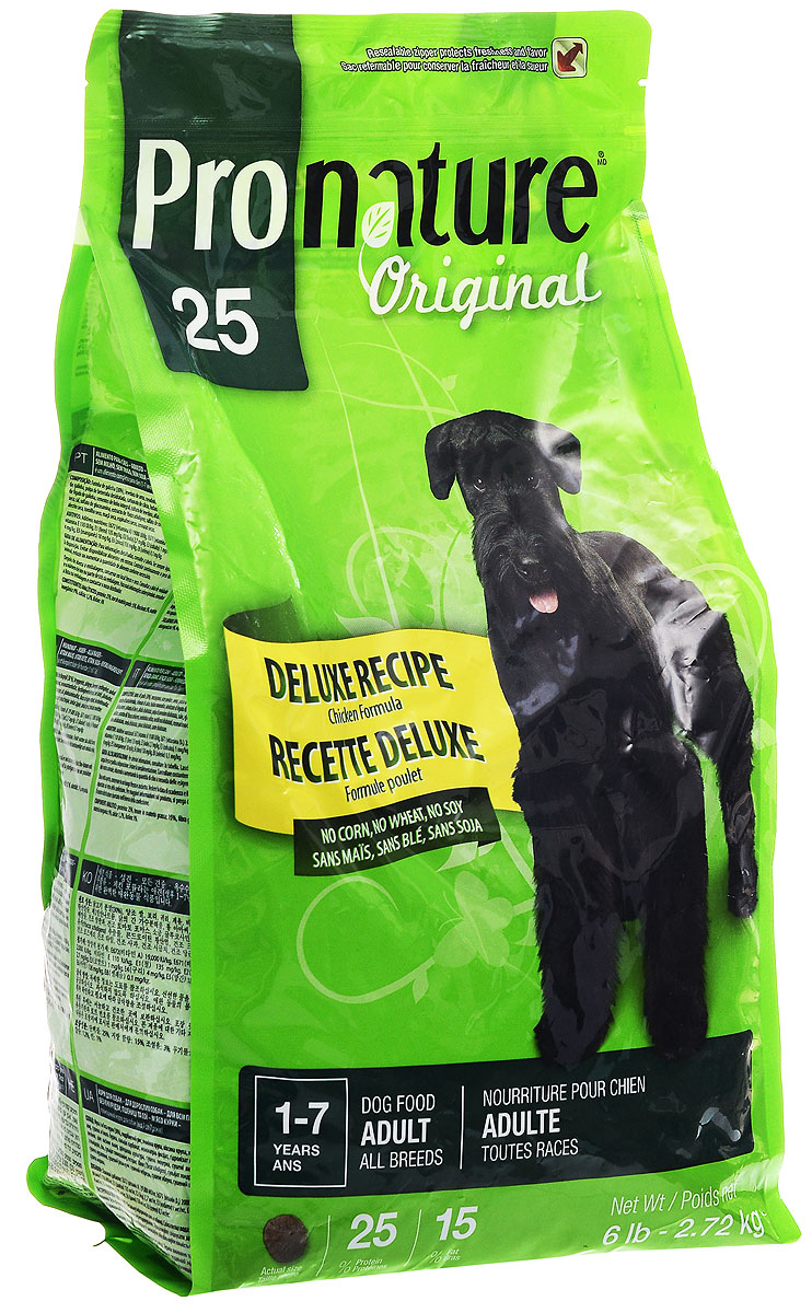 Корм сухой Pronature Original 25, для взрослых собак, с цыпленком, 2,72 кг102.516 Корм сухой Pronature Original 25, для взрослых собак, с цыпленком, 2,72 кг102.516Pronature Original 25- это полноценный сбалансированный сухой корм суперпремиум класса. Изготовлен на основе муки из мяса курицы. Без пшеницы, кукурузы, сои. Корм, предназначен для собак с чувствительным желудком и склонности к аллергии. Хорошо усваивается и удовлетворяет всем потребностям чувствительного организма. Не содержит красителей, искусственных ароматизаторов, сои, субпродуктов (мясокостной муки) и ГМО. Натуральные источники пребиотиков способствуют росту нормальной кишечной микрофлоры, укрепляют иммунитет и помогают организму бороться с болезнетворными бактериями. Корм подходит для собак в возрасте от 1 года до 7 лет. Товар сертифицирован.