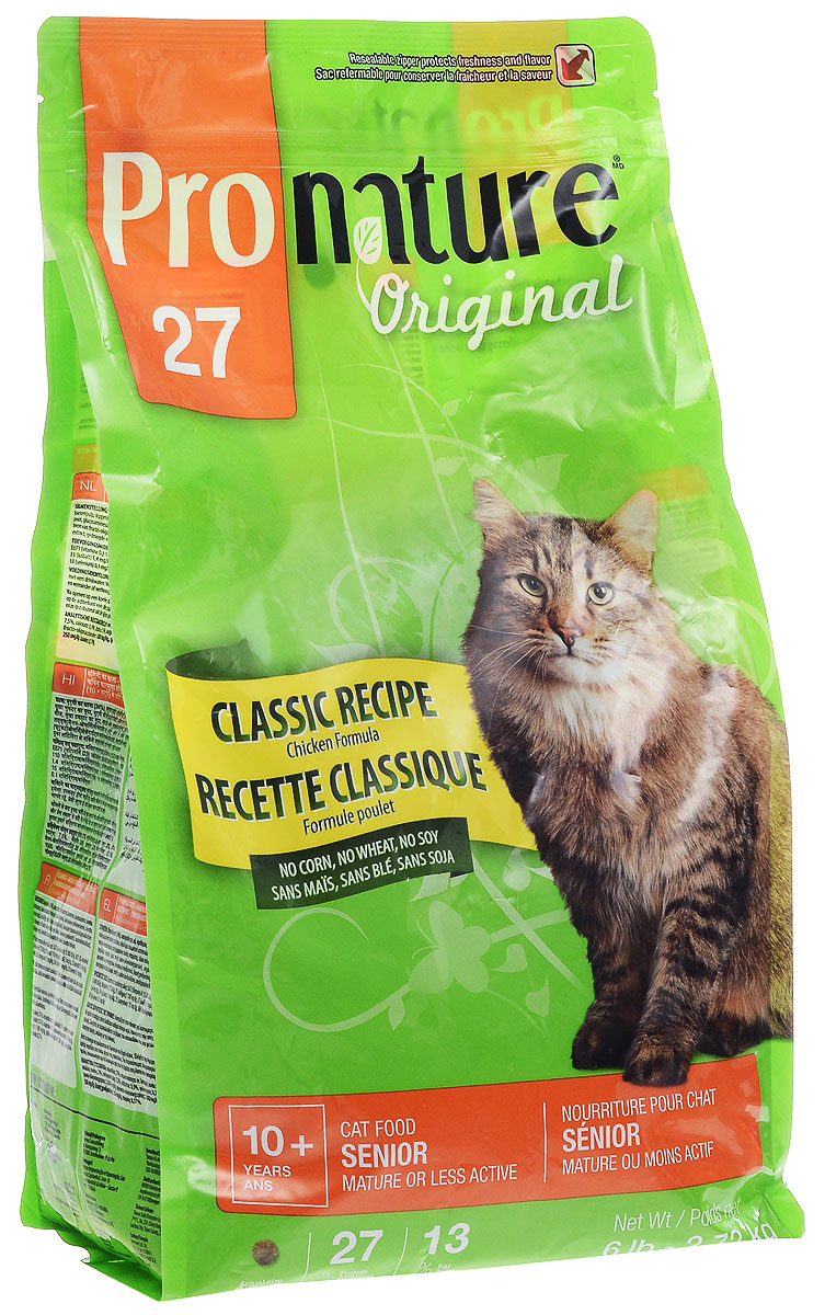 Корм сухой Pronature Classic Recipe для пожилых кошек зрелого возраста или малоактивных, с курицей, 2,72 кг102.401 Корм сухой Pronature Classic Recipe для пожилых кошек зрелого возраста или малоактивных, с курицей, 2,72 кг102.401Сухой корм Pronature Classic Recipe является полнорационным кормом для пожилых кошек зрелого возраста (от 10 лет и старше) или малоактивных. Корм Pronature приготовлен из тщательно отобранных компонентов, обогащен уникальной смесью экстрактов целебных трав, овощей и ягод, является идеальным сухим кормом класса премиум для кошек и собак. Уникальный состав кормов Pronature, в котором нет сои, красителей, искусственных ароматизаторов и консервантов, гарантирует оптимальное развитие вашего животного на каждом этапе его жизни. Товар сертифицирован.