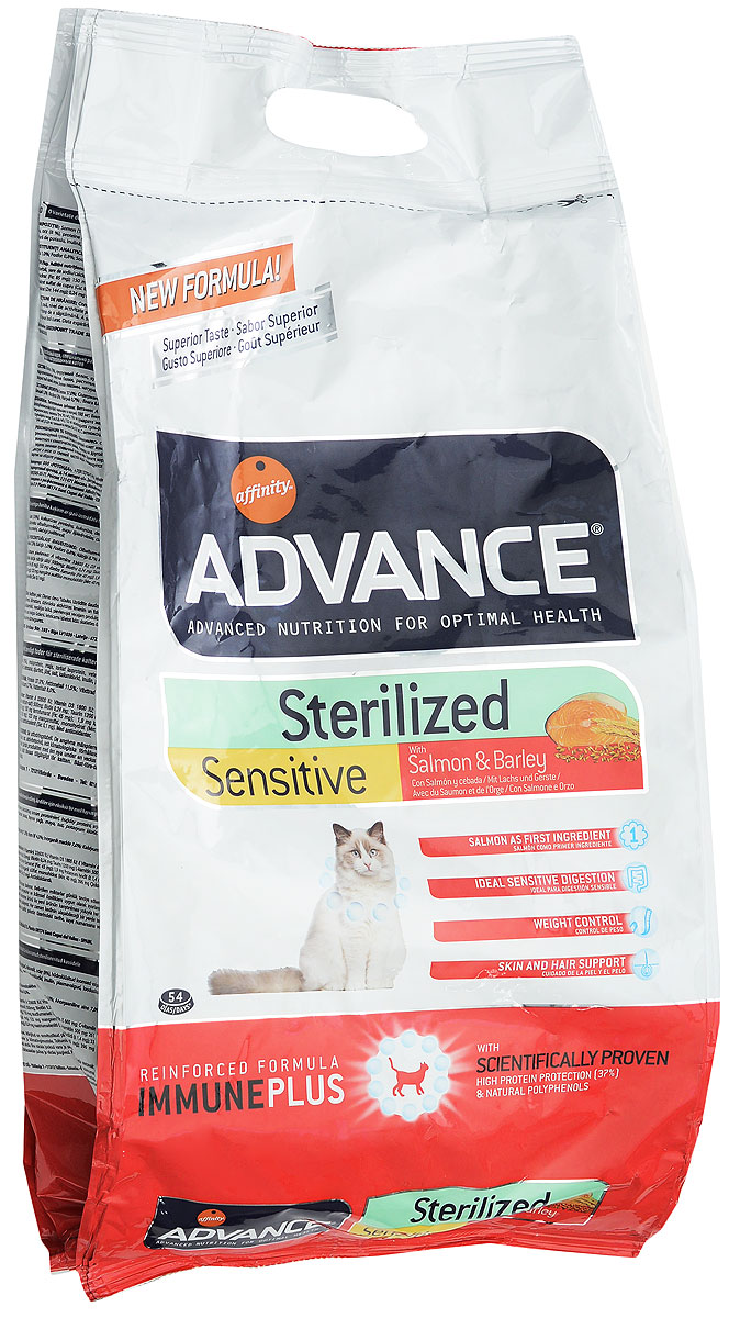 Корм сухой Advance Sterilized, для стерилизованных кошек, ячмень и лосось, 3 кг20730 Корм сухой Advance Sterilized, для стерилизованных кошек, ячмень и лосось, 3 кг20730Сухой корм Advance Sterilized является полнорационным сбалансированным кормом для кастрированных котов и стерилизованных кошек. Особенности корма Advance Sterilized: предотвращает ожирение без потери мышечной массы; уменьшает риск появление мочекаменной болезни или камней; улучшение гормональных функций. Сухой корм Advance - это высококачественная продукция, основанная на последних разработках в области диетологии и питания, чтобы поддерживать вашего любимца в отличном состоянии. Advance полностью сбалансированный корм, который обеспечивает прекрасное самочувствие животного, как внутри, так и снаружи.