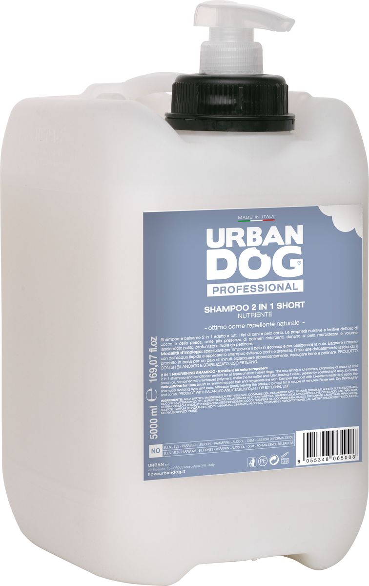 Шампунь для собак Urban Dog, для короткошерстных пород, 2 в 1 питательный, 5 лUD200TS Шампунь для собак Urban Dog, для короткошерстных пород, 2 в 1 питательный, 5 лUD200TSШампунь и бальзам 2 в 1 для всех короткошерстных пород собак. Питающие и смягчающие свойства кокосового масла и персика в сочетании с укрепляющими полимерами придают шерст имягкость и объем, очищают ее, придают аромат и легкость в расчесывании
