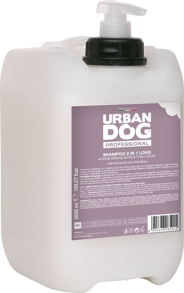 Шампунь для собак Urban Dog, 2 в 1 для длинношерстных пород, распутывающий и удаляющий неприятный запах, 5 лUS201TL Шампунь для собак Urban Dog, 2 в 1 для длинношерстных пород, распутывающий и удаляющий неприятный запах, 5 лUS201TLШампунь 2 в 1 для длинной шерсти. Благодаря деликатным поверхностно-активным веществам естественного происхождения данная формула облегчает распутывание колтунов, а кератин укрепляет волосяные стержни. В результате шерсть становится мягкой и хорошо расчесывается, получает силу и стойкость.