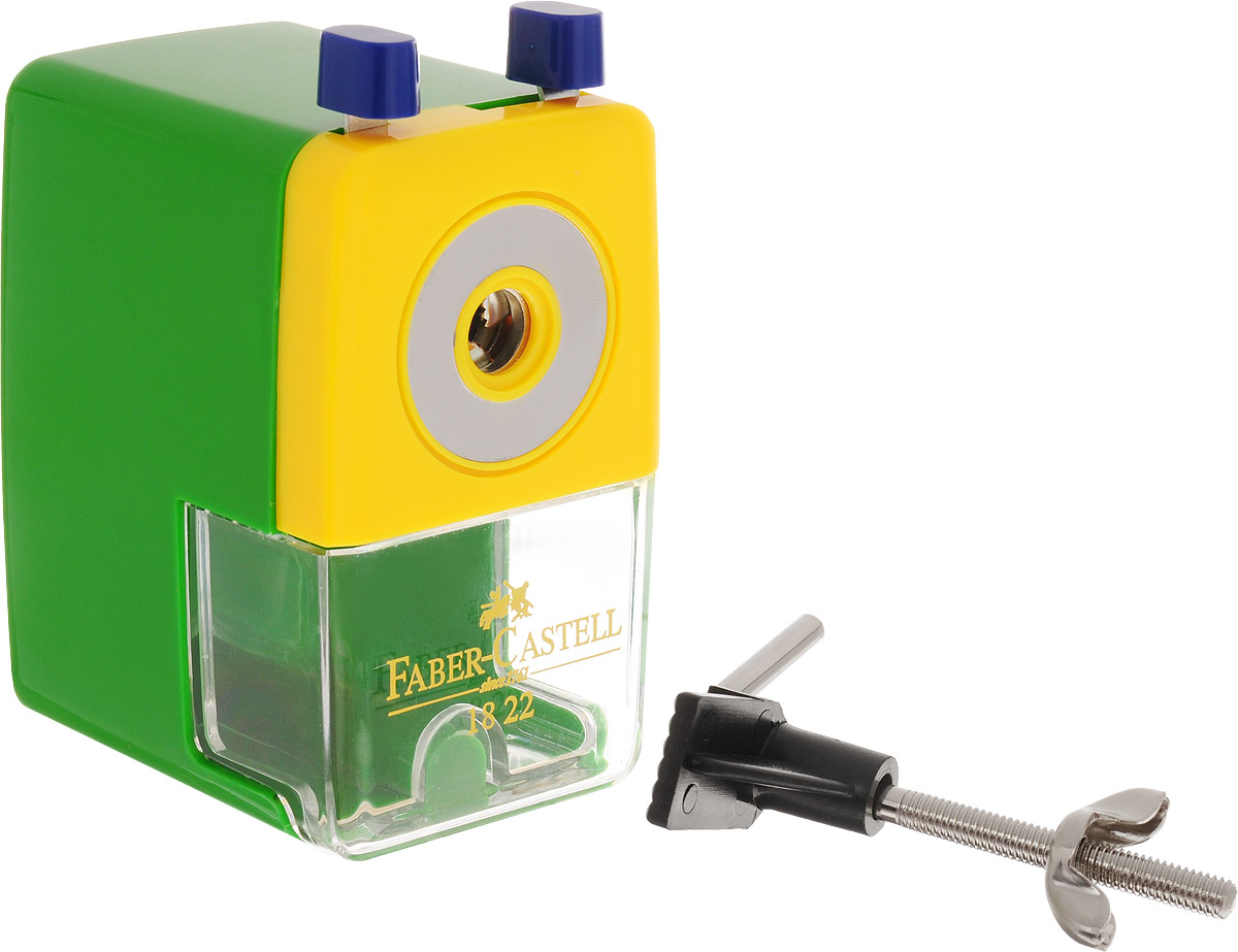 Faber-Castell Точилка настольная цвет зеленый582200_зеленый Faber-Castell Точилка настольная цвет зеленый582200_зеленыйТочилка Faber-Castell - удобный и практичный инструмент в повседневной офисной работе. Точилка из высококачественного пластика оснащена рукояткой с механизмом кругового вращения и съемным контейнером для стружки. Вращающийся, остро заточенный металлический нож точилки обеспечивает бережную и качественную заточку круглых, шестигранных и трехгранных карандашей. В комплекте с точилкой предусмотрено крепление к столу.