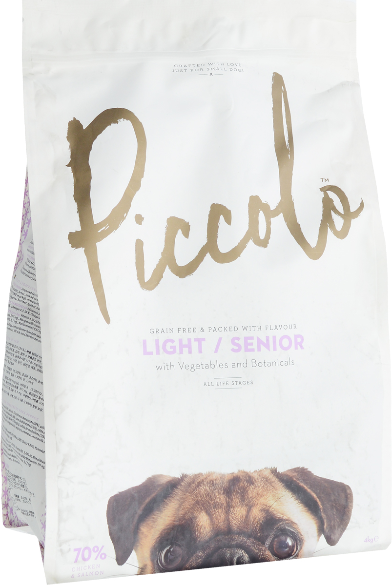 Корм сухой Piccolo GF Senior. Light, для пожилых собак мелких пород и с избыточным весом, с цыпленком и лососем, 4 кг100.309 Корм сухой Piccolo GF Senior. Light, для пожилых собак мелких пород и с избыточным весом, с цыпленком и лососем, 4 кг100.309Сухой полнорационный корм Piccolo GF Senior. Light для питания пожилых собак мелких и карликовых пород и собак мелких пород с избыточным весом. Корм для пожилых собак и собак с лишним весом имеет низкое содержание жиров и пониженную калорийность. В корм добавлен глюкозамин, метилсульфонилметан (MСM) и хондроитин, для того чтобы помочь пожилым и собакам с избыточной массой тела, которые могут страдать от проблем с суставами. Состав: свежее бескостное мясо цыпленка (31%), свежее бескостное мясо Шотландского лосося (20%), мука из мяса цыпленка (13%), батат, картофель, горох, мука из мяса Шотландского лосося (6%), дегидратированное яйцо (2.5%), куриный бульон (2%), люцерна, минералы, витамины, глюкозамин (1 780мг/кг), метилсульфонилметан (MСM) (1 780 мг/кг), хондроитинсульфат (1 250мг/кг), яблоко, морковь, семена подорожника, водоросли, фруктоолигосахариды, шпинат, клюква, ромашка, мята, календула, семена аниса и пажитника. Анализ состава: сырой протеин...