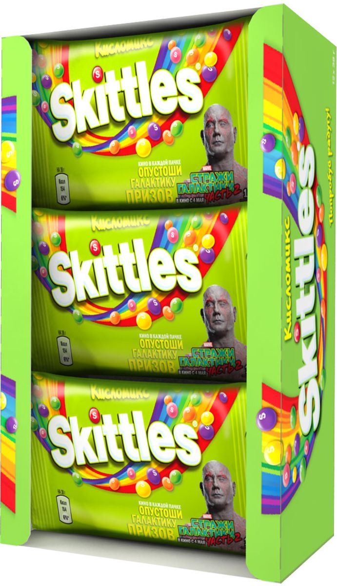 Skittles Кисломикс драже в сахарной глазури, 12 пачек по 38 г5000159438049 Skittles Кисломикс драже в сахарной глазури, 12 пачек по 38 г5000159438049Жевательные конфеты Skittles Кисломикс c разноцветной глазурью предлагают радугу кислых фруктовых вкусов в каждой упаковке! Конфеты с ароматами малины, ананаса, мандарина, вишни и яблока: заразитесь радугой, попробуйте радугу! Уважаемые клиенты! Обращаем ваше внимание, что полный перечень состава продукта представлен на дополнительном изображении.