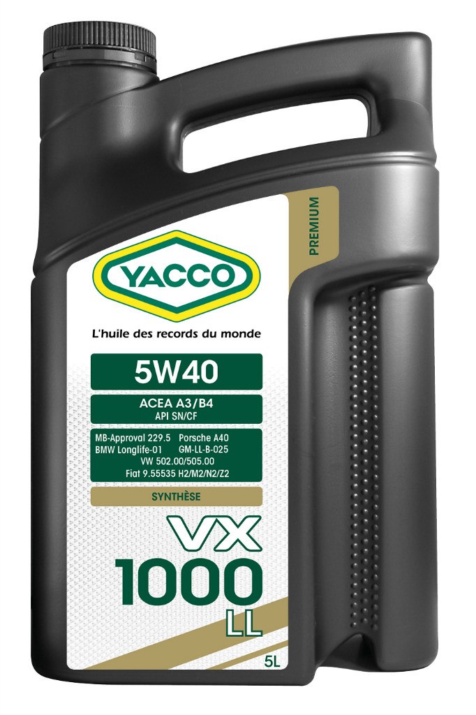 Масло моторное Yacco VX 1000 LL 5W40, 5 л302322 Масло моторное Yacco VX 1000 LL 5W40, 5 л302322VX 1000 LL 5W-40 Высокопроизводительное синтетическое масло для применения в бензиновых и дизельных двигателях, в том числе с увеличенным сервисным интервалом обслуживания (LongLife). ПРИМЕНЕНИЕ Официально одобрено производителями в соответствии с нормами API SN, BMW Longlife-01, MB-Approval 229.5, PORSCHE A40, VW 502.00/505.00 и рекомендовано к применению в высокомощных турбированных и атмосферных бензиновых (также многоклапанных) и дизельных? двигателях, работающих в условиях высоких нагрузок. Подходит для автомобилей, оборудованных каталитическим нейтрализатором отработавших газов (катализатором), а также автомобилей, работающих на сжиженном газе. ПРЕИМУЩЕСТВА • Благодаря высококачественной синтетической основе и особому пакету присадок данное масло значительно первосходит по своим характеристикам обычные масла класса вязкости 5W-40 и распологает официальными допусками ведущих европейских автопроизводителей • Повышенная устойчивость к деформации сдвига обеспечивают качественную...