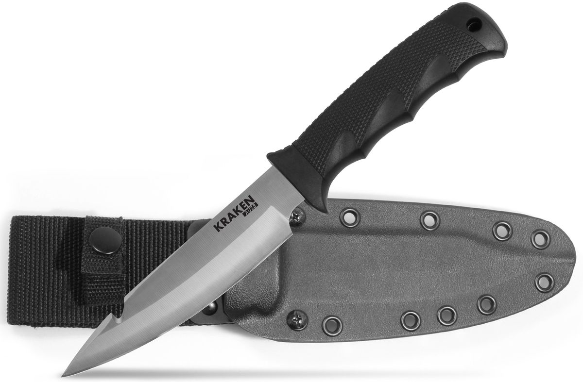 Нож Samura Kraken. S-KR48S-KR48 Нож Samura Kraken. S-KR48S-KR48Современный туристический нож из японской специализированной стали AUS-8. Заточка такого ножа будет держаться долго. Рукоятка ножа Samura Kraken выполнена из практичной и легкой, термопластичной резины. Нож максимально готов к использованию на природе; и вдали от привычного городского комфорта поможет и с рыбой, и с дичью, и даже с тушенкой :). Ножны из Kydex надежно крепятся к одежде с помощью MOLLE-технологии. Специально разработан для туристов, рыбаков и охотников. Легкий нож: вес без ножен всего 96 гр. Обух - 1,9 мм. Клинок фиксированный с характерным спуском и рыболовным крюком.