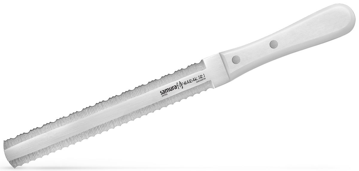 Нож Samura Harakiri. SHR-0057WSHR-0057W Нож Samura Harakiri. SHR-0057WSHR-0057WОднослойные стальные ножи. Легкий вес, оптимальный баланс, двойное назначение! Нож кухонный Samura Harakiri для замороженных продуктов, 185 мм Двусторонний нож ПИЛА 2 с серрейторной заточкой: для резки замороженных продуктов - с одной стороны, и с другой стороны, для резки хлеба, овощей и фруктов с толстой кожурой. SAMURA Harakiri - кухонные ножи из высокотехнологичной коррозионностойкой стали AUS 8 (Aishi Steel Works). Легкий вес, оптимальный баланс формы и содержания “ложится под любую руку”