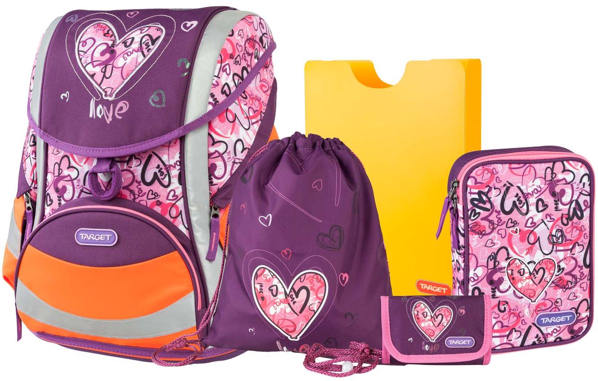 Target Collection Ранец школьный Сердце 5 в 117957 Target Collection Ранец школьный Сердце 5 в 117957Ранец изготовлен из современных, прочных материалов. Техническими особенностями ранца является система Flexiball - поясничная поддержка, правильно распределяет вес ранца, автоматически подстраивается под ребенка, и поэтому обеспечивает идеальное положение в области поясницы ребёнка. Плечевые лямки можно регулировать для каждого ребенка индивидуально, содержат вентиляционные отверстия, оснащены ЭКО-пеной. Светоотражающий материал присутствует на передней, боковой и задней частях рюкзака, что позволяет сделать вашего ребенка более заметным, а так же обезопасить его не только днем, но и ночью. Молнии рюкзака прочные, металлические. В комплект данного набора входит сам ранец, сумка для сменной обуви, пенал овальный, пенал с канцтоварами (В комплекте: Точилка для карандашей, Ластик, Простой карандаш, 6 больших цветных карандаша,12 карандашей цветных), папка-держатель из ЭКО-пластика формата А4. При создании данной модели используются улучшенные материалы (3D), которые имеют свойство...