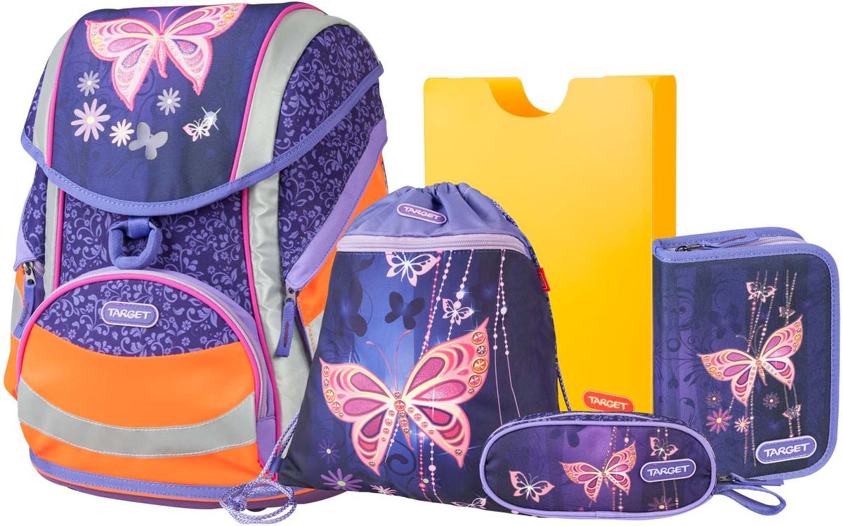 Target Collection Ранец школьный Золотая бабочка 5 в 117982 Target Collection Ранец школьный Золотая бабочка 5 в 117982Ранец изготовлен из современных, прочных материалов. Техническими особенностями ранца является система Flexiball - поясничная поддержка, правильно распределяет вес ранца, автоматически подстраивается под ребенка, и поэтому обеспечивает идеальное положение в области поясницы ребёнка. Плечевые лямки можно регулировать для каждого ребенка индивидуально, содержат вентиляционные отверстия, оснащены ЭКО-пеной. Светоотражающий материал присутствует на передней, боковой и задней частях рюкзака, что позволяет сделать вашего ребенка более заметным, а так же обезопасить его не только днем, но и ночью. Молнии рюкзака прочные, металлические. В комплект данного набора входит сам ранец, сумка для сменной обуви, пенал овальный, пенал с канцтоварами (В комплекте: Точилка для карандашей, Ластик, Простой карандаш, 6 больших цветных карандаша,12 карандашей цветных), папка-держатель из ЭКО-пластика формата А4. При создании данной модели используются улучшенные материалы (3D), которые имеют свойство...