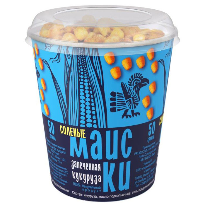 Маиски Соленые печеная кукуруза в стаканчике, 50 гН00002701 Маиски Соленые печеная кукуруза в стаканчике, 50 гН00002701Маиски- продукт, изготовленный из натуральных зерен кукурузы, запеченых до хрустящей корочки, с добавлением соли и натуральных ароматизаторов. Утолит голод и принесет гастрономическое удовольствие!